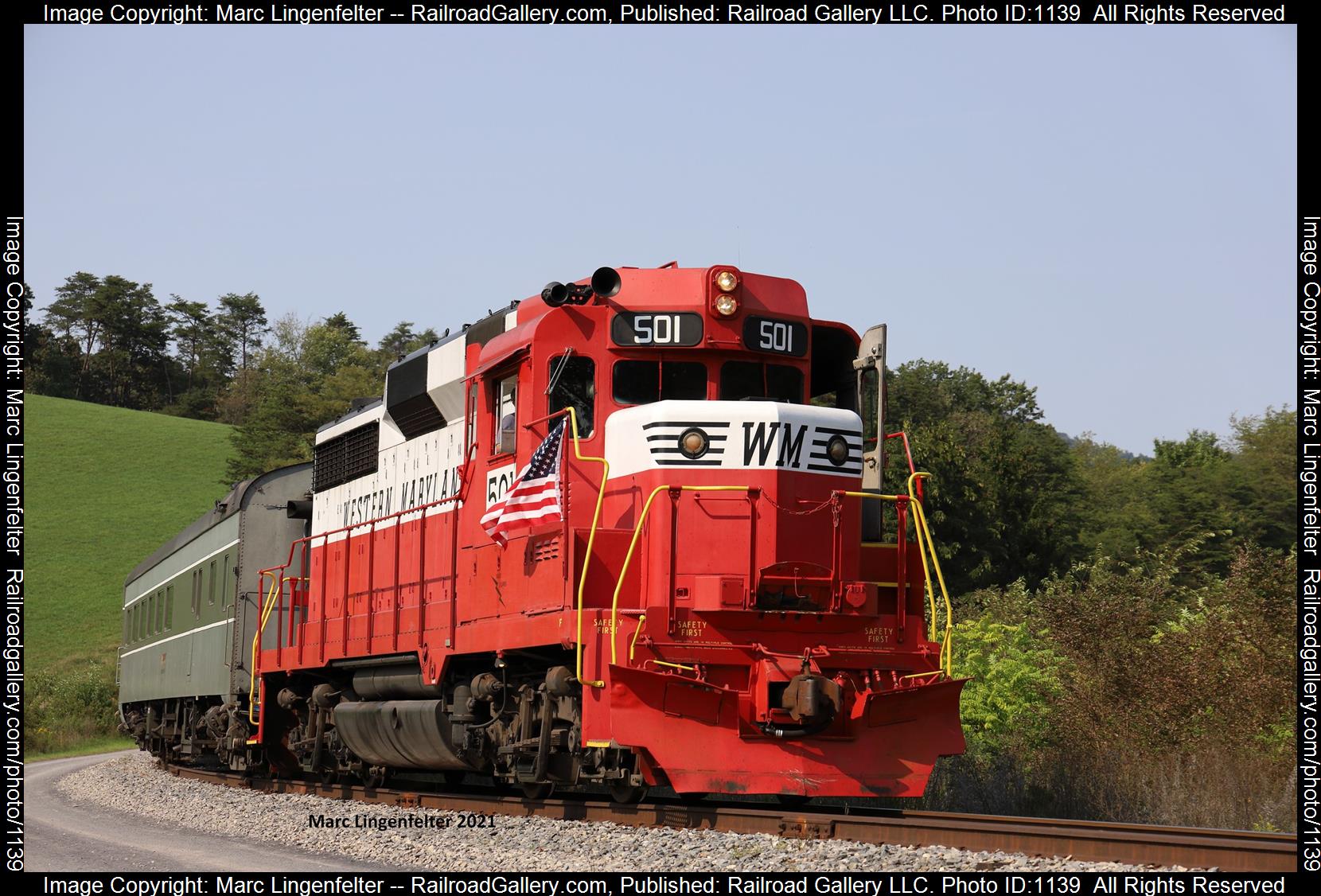 WM 501 is a class EMD GP30 and  is pictured in Forstburg, Maryland, USA.  This was taken along the WM Mainlane on the Western Maryland Scenic Railroad. Photo Copyright: Marc Lingenfelter uploaded to Railroad Gallery on 06/14/2023. This photograph of WM 501 was taken on Sunday, September 12, 2021. All Rights Reserved. 