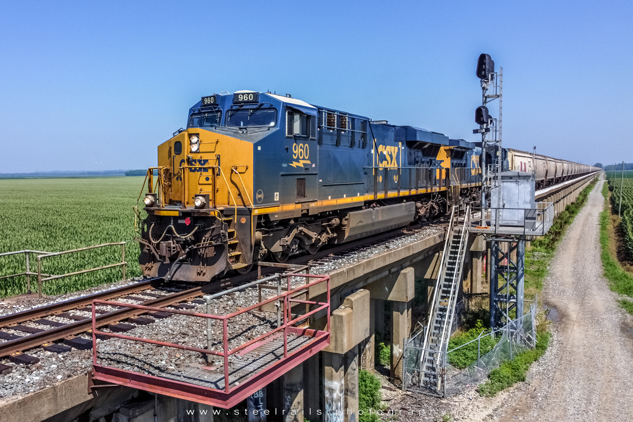 CSXT 960 is a class GE ES44AC-H and  is pictured in Evansville,  Indiana, USA.  This was taken along the CSX CE&D Subdivision  on the CSX Transportation. Photo Copyright: Ryan Scott uploaded to Railroad Gallery on 06/15/2023. This photograph of CSXT 960 was taken on Thursday, July 21, 2022. All Rights Reserved. 