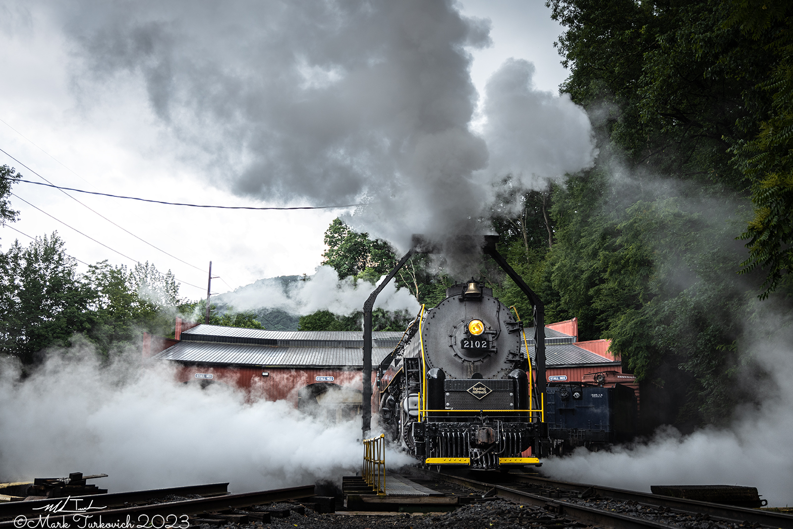 RDG 2102 is a class T-1 and  is pictured in Port Clinton, Pennsylvania, USA.  This was taken along the Reading & Northern Steam Shop on the Reading Company. Photo Copyright: Mark Turkovich uploaded to Railroad Gallery on 06/16/2023. This photograph of RDG 2102 was taken on Wednesday, June 14, 2023. All Rights Reserved. 