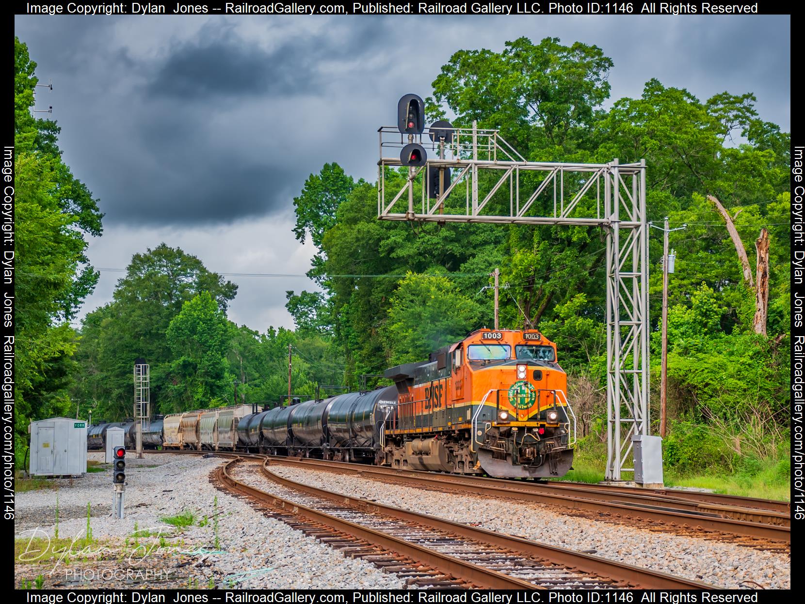 BNSF 1003 is a class GE C44-9W (Dash 9-44CW) and  is pictured in York, Alabama, USA.  This was taken along the AGS South End on the Norfolk Southern. Photo Copyright: Dylan  Jones uploaded to Railroad Gallery on 06/16/2023. This photograph of BNSF 1003 was taken on Thursday, June 15, 2023. All Rights Reserved. 