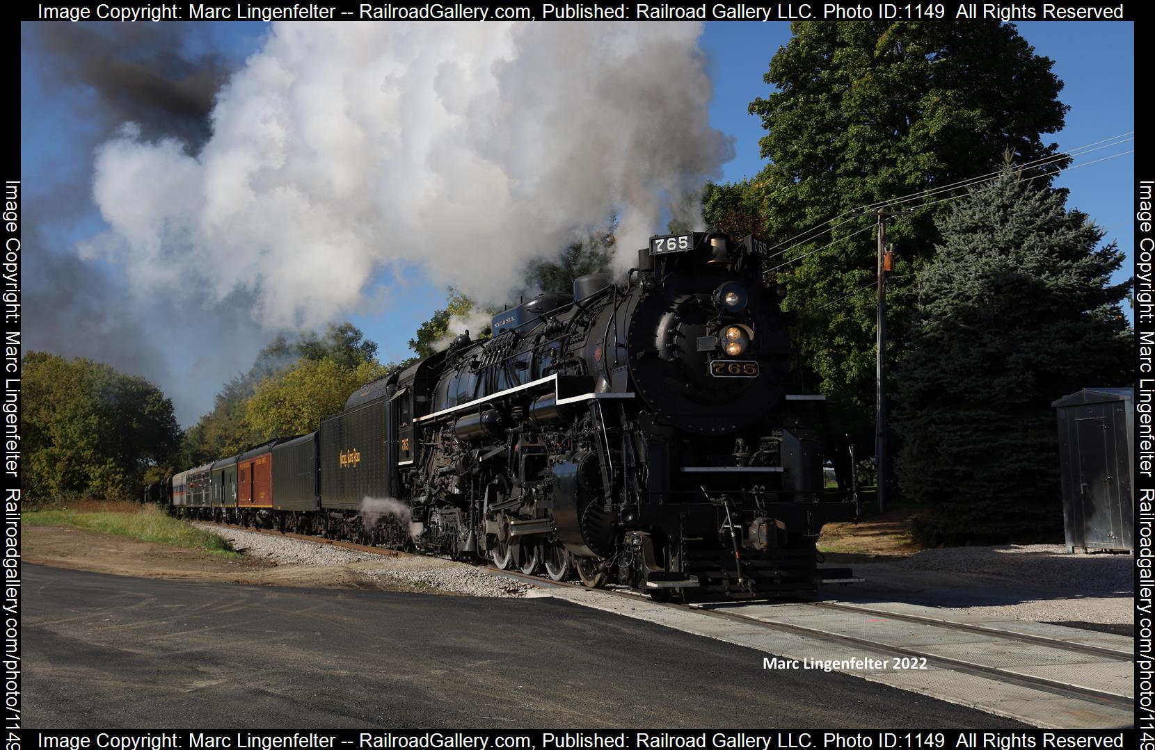 NKP 765 is a class Steam 2-8-4 and  is pictured in Fremont, Indiana, USA.  This was taken along the Indiana Northeastern Railroad Main on the Nickel Plate Road. Photo Copyright: Marc Lingenfelter uploaded to Railroad Gallery on 06/18/2023. This photograph of NKP 765 was taken on Saturday, October 01, 2022. All Rights Reserved. 