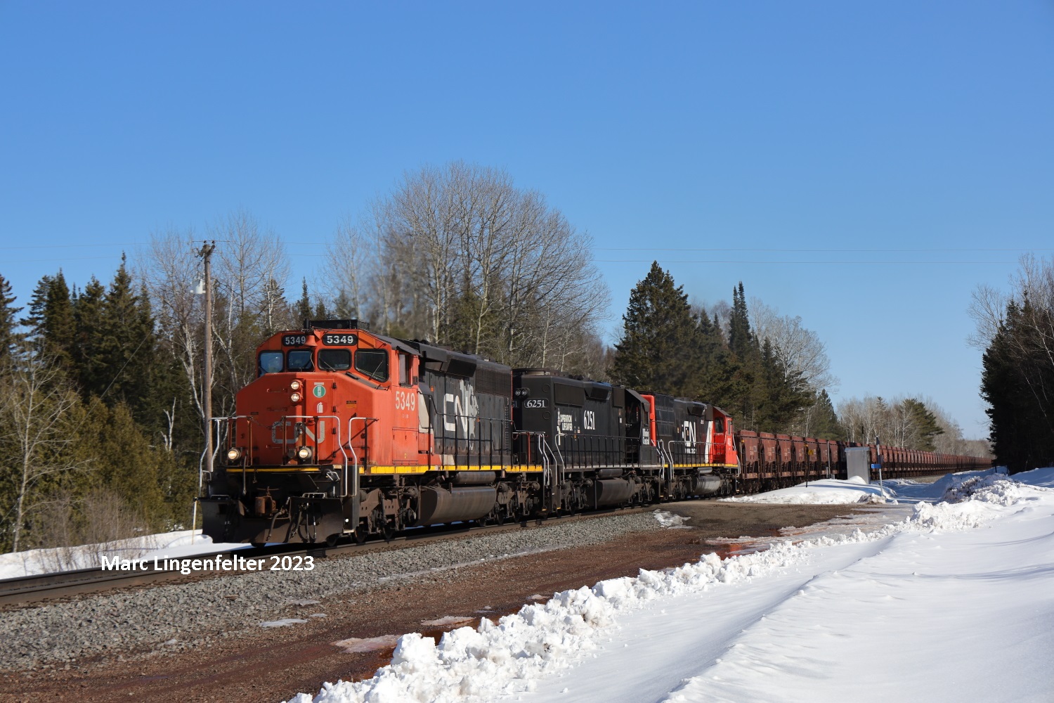 CN 5349 is a class EMD SD40-2W and  is pictured in Munger, Minnesota, USA.  This was taken along the CN Missabe Sub on the Canadian National Railway. Photo Copyright: Marc Lingenfelter uploaded to Railroad Gallery on 06/20/2023. This photograph of CN 5349 was taken on Friday, March 24, 2023. All Rights Reserved. 