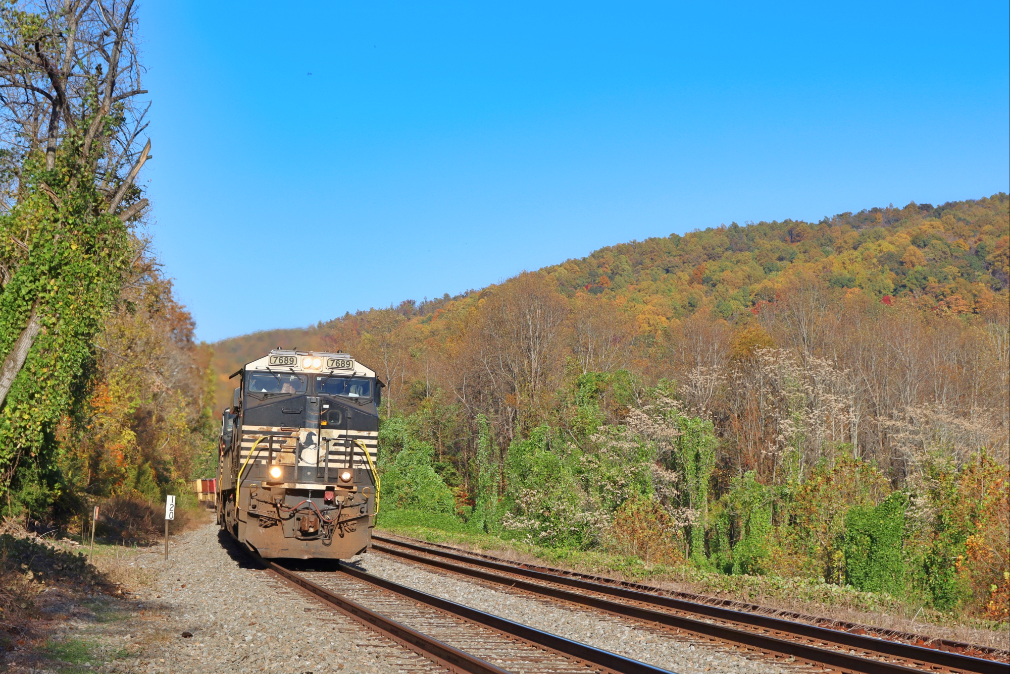 NS 7689 is a class GE ES44DC and  is pictured in Red Hill , Virginia, USA.  This was taken along the NS Washington District  on the Norfolk Southern. Photo Copyright: Robby Lefkowitz uploaded to Railroad Gallery on 11/15/2022. This photograph of NS 7689 was taken on Tuesday, October 25, 2022. All Rights Reserved. 