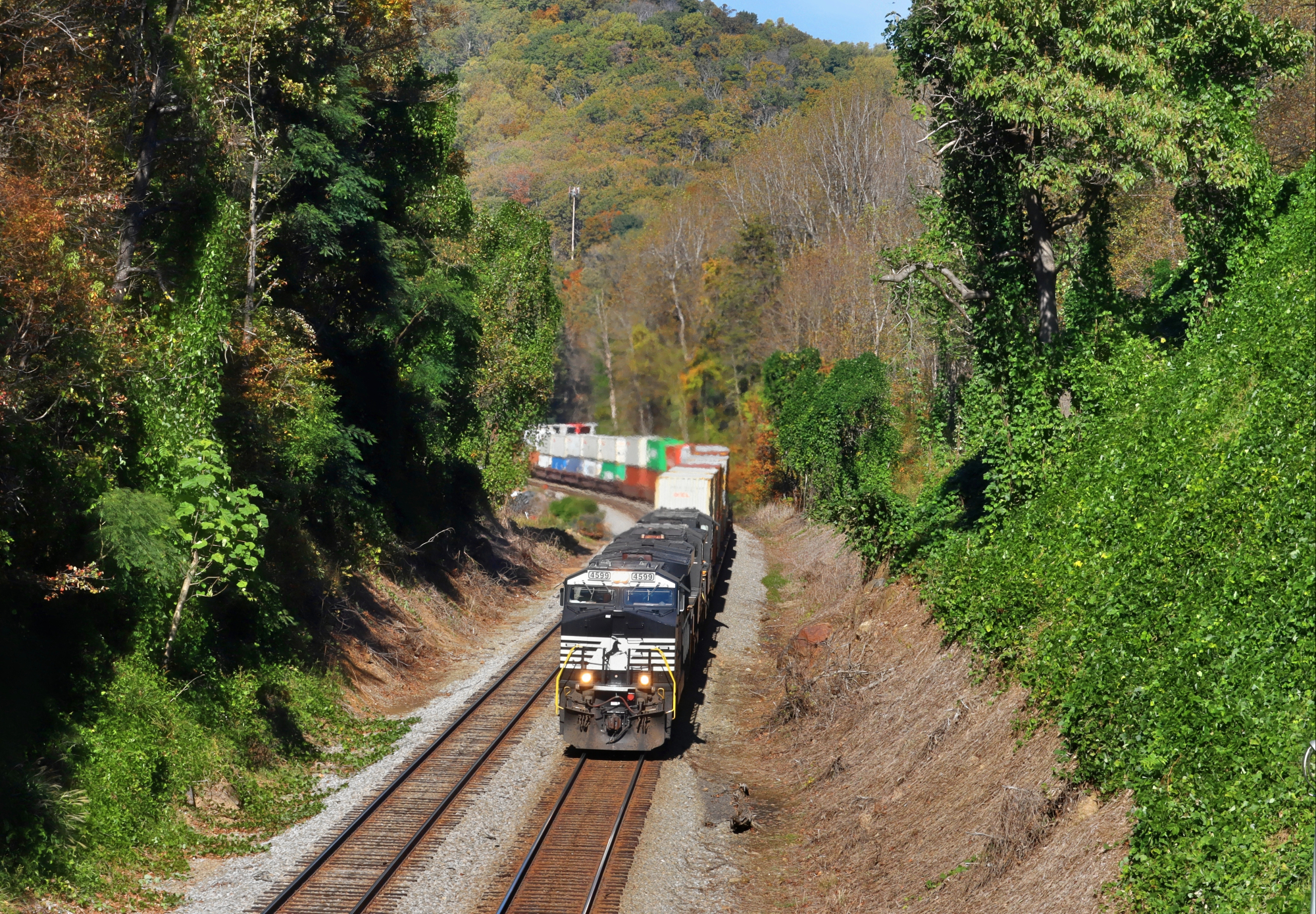 NS 4599 is a class GE AC44C6M and  is pictured in Charlottesville, VA, United States.  This was taken along the NS Washington District  on the Norfolk Southern. Photo Copyright: Robby Lefkowitz uploaded to Railroad Gallery on 11/15/2022. This photograph of NS 4599 was taken on Thursday, October 20, 2022. All Rights Reserved. 