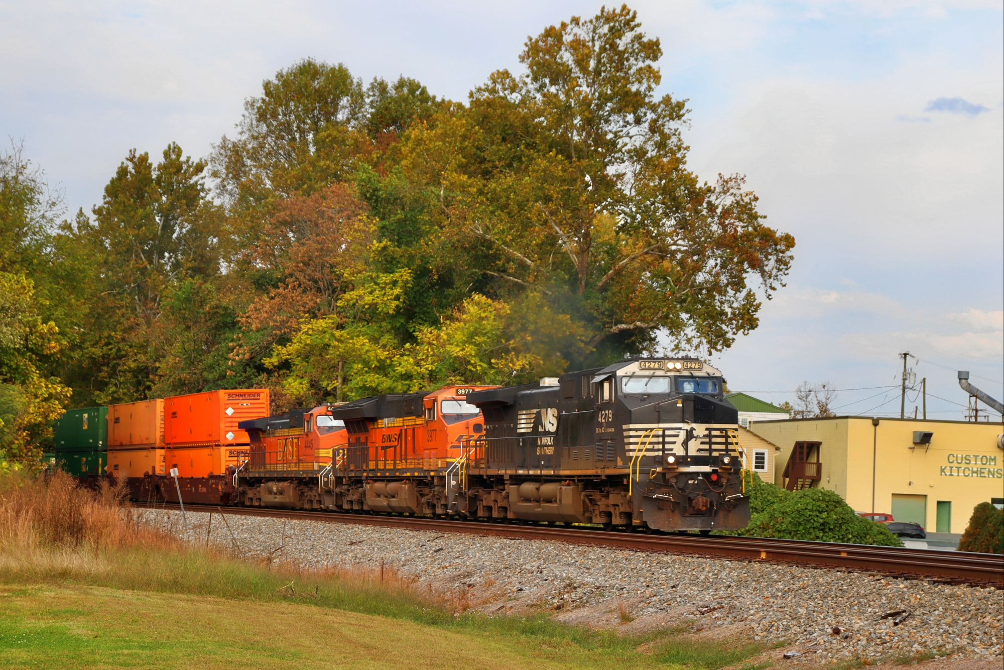 NS 4279 is a class GE AC44C6M and  is pictured in Charlottesville, VA, United States.  This was taken along the NS Washington District  on the Norfolk Southern. Photo Copyright: Robby Lefkowitz uploaded to Railroad Gallery on 11/15/2022. This photograph of NS 4279 was taken on Thursday, October 20, 2022. All Rights Reserved. 