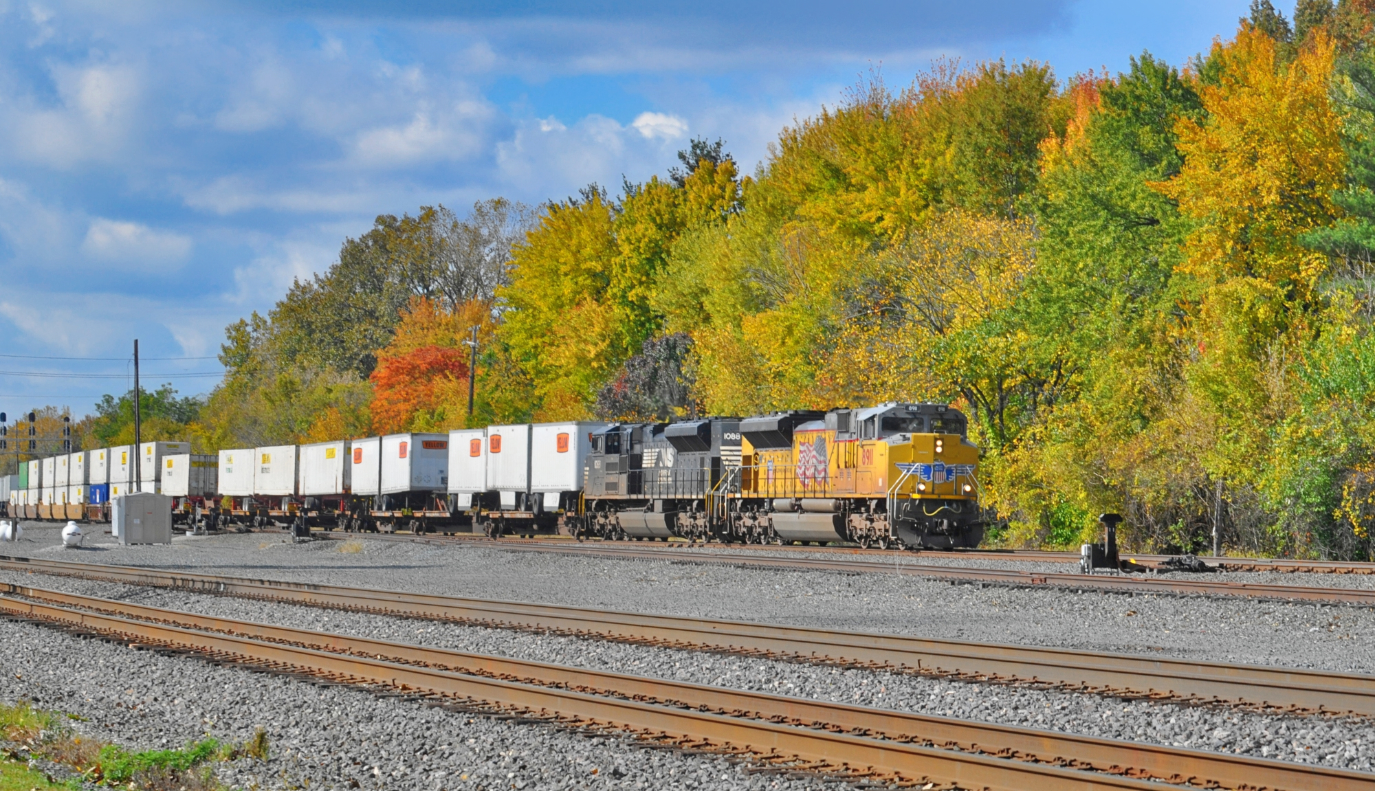 UP 8911 is a class EMD SD70AH and  is pictured in Berea , Ohio, USA.  This was taken along the NS Chicago Line on the Norfolk Southern. Photo Copyright: Robby Lefkowitz uploaded to Railroad Gallery on 11/15/2022. This photograph of UP 8911 was taken on Saturday, October 15, 2022. All Rights Reserved. 