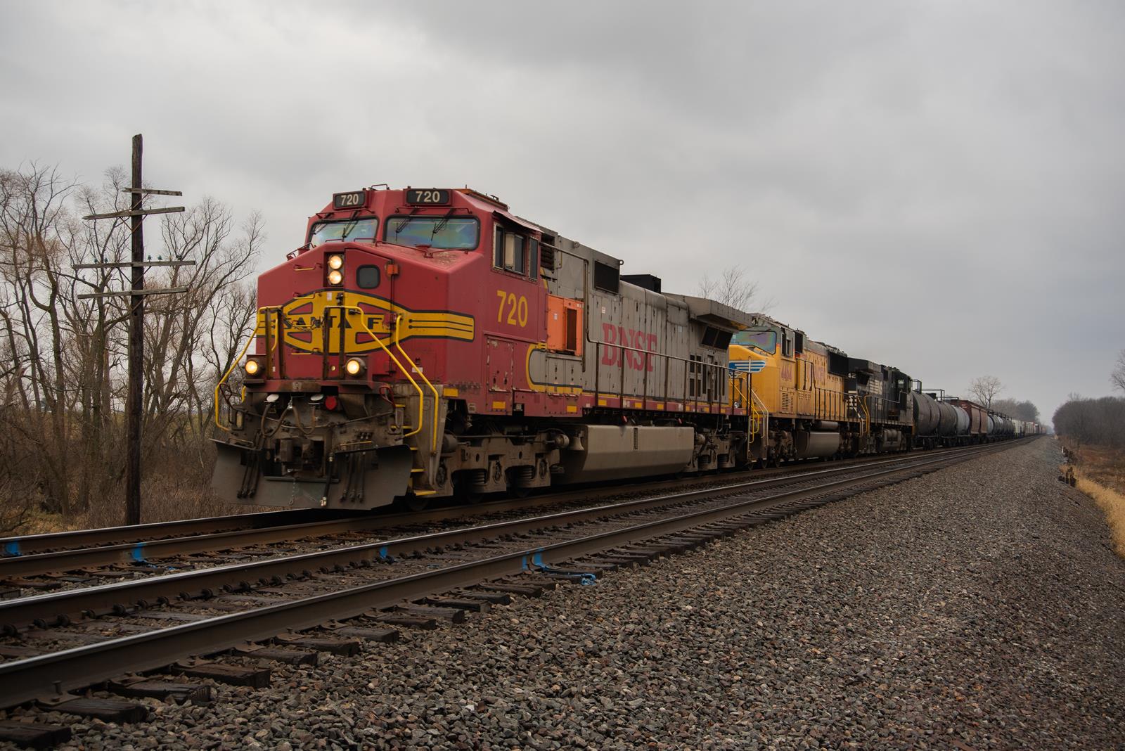 BNSF 720 is a class GE C44-9W (Dash 9-44CW) and  is pictured in Waterloo, Indiana, USA.  This was taken along the Chicago Line on the Norfolk Southern. Photo Copyright: Spencer Harman uploaded to Railroad Gallery on 11/16/2022. This photograph of BNSF 720 was taken on Wednesday, November 16, 2022. All Rights Reserved. 