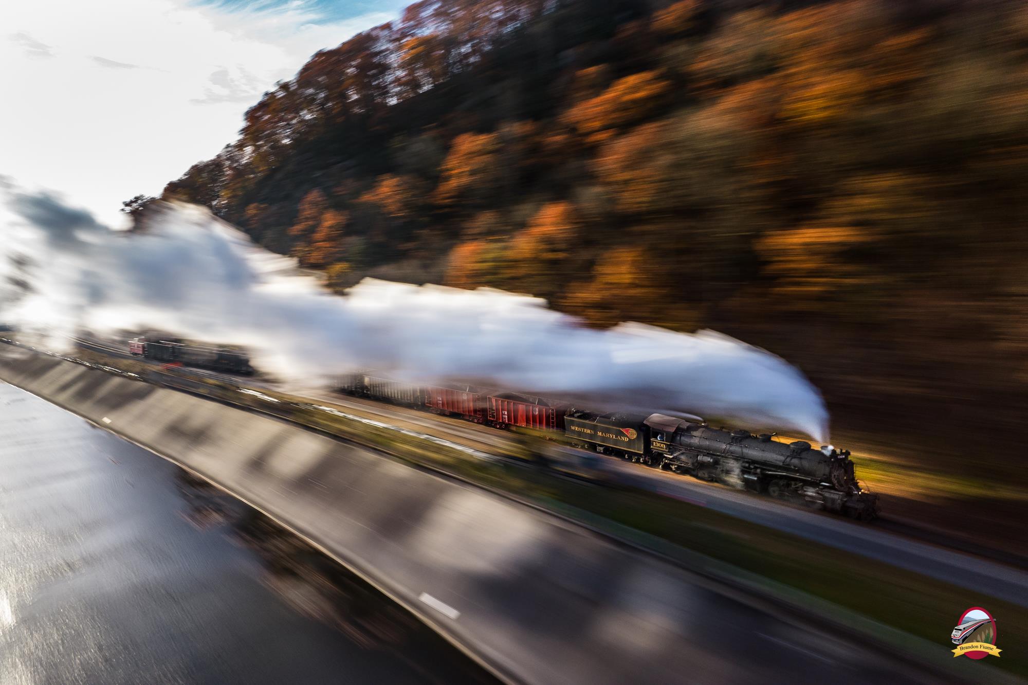 WMSR 1309 is a class 2-6-6-2 and  is pictured in Cumberland, Maryland, USA.  This was taken along the Western Maryland Scenic on the Western Maryland Scenic Railroad. Photo Copyright: Brandon Fiume uploaded to Railroad Gallery on 11/16/2022. This photograph of WMSR 1309 was taken on Saturday, November 05, 2022. All Rights Reserved. 