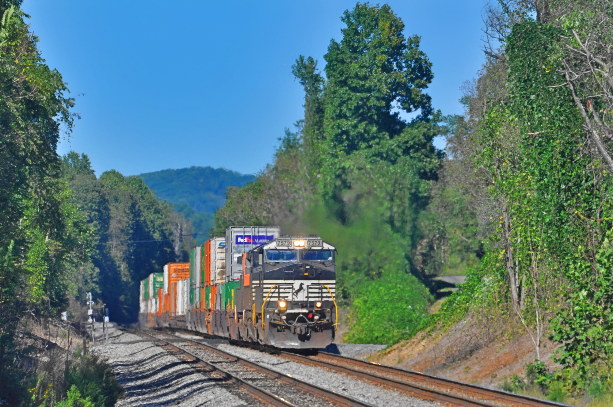 NS 7579 is a class GE ES44DC and  is pictured in Faber , Virginia, USA.  This was taken along the NS Washington District  on the Norfolk Southern Railway. Photo Copyright: Robby Lefkowitz uploaded to Railroad Gallery on 11/18/2022. This photograph of NS 7579 was taken on Friday, September 23, 2022. All Rights Reserved. 