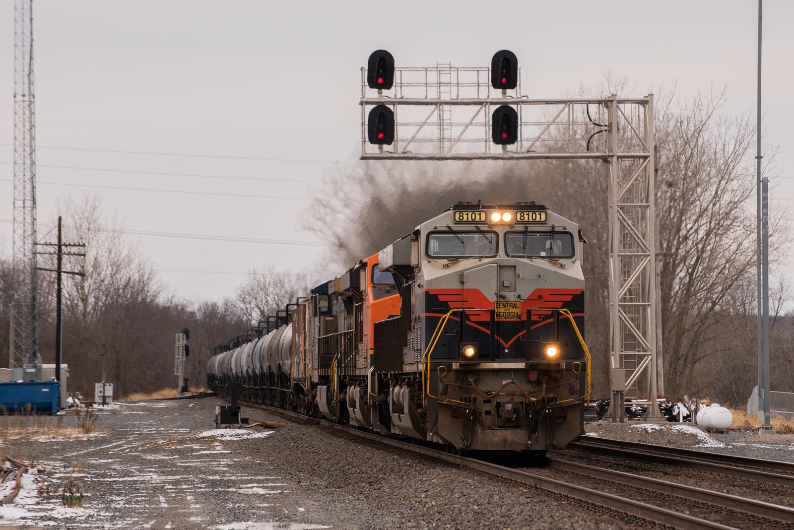 NS 8101 is a class GE ES44AC and  is pictured in Kendallville, Indiana, USA.  This was taken along the Chicago Line on the Norfolk Southern Railway. Photo Copyright: Spencer Harman uploaded to Railroad Gallery on 11/19/2022. This photograph of NS 8101 was taken on Saturday, November 19, 2022. All Rights Reserved. 