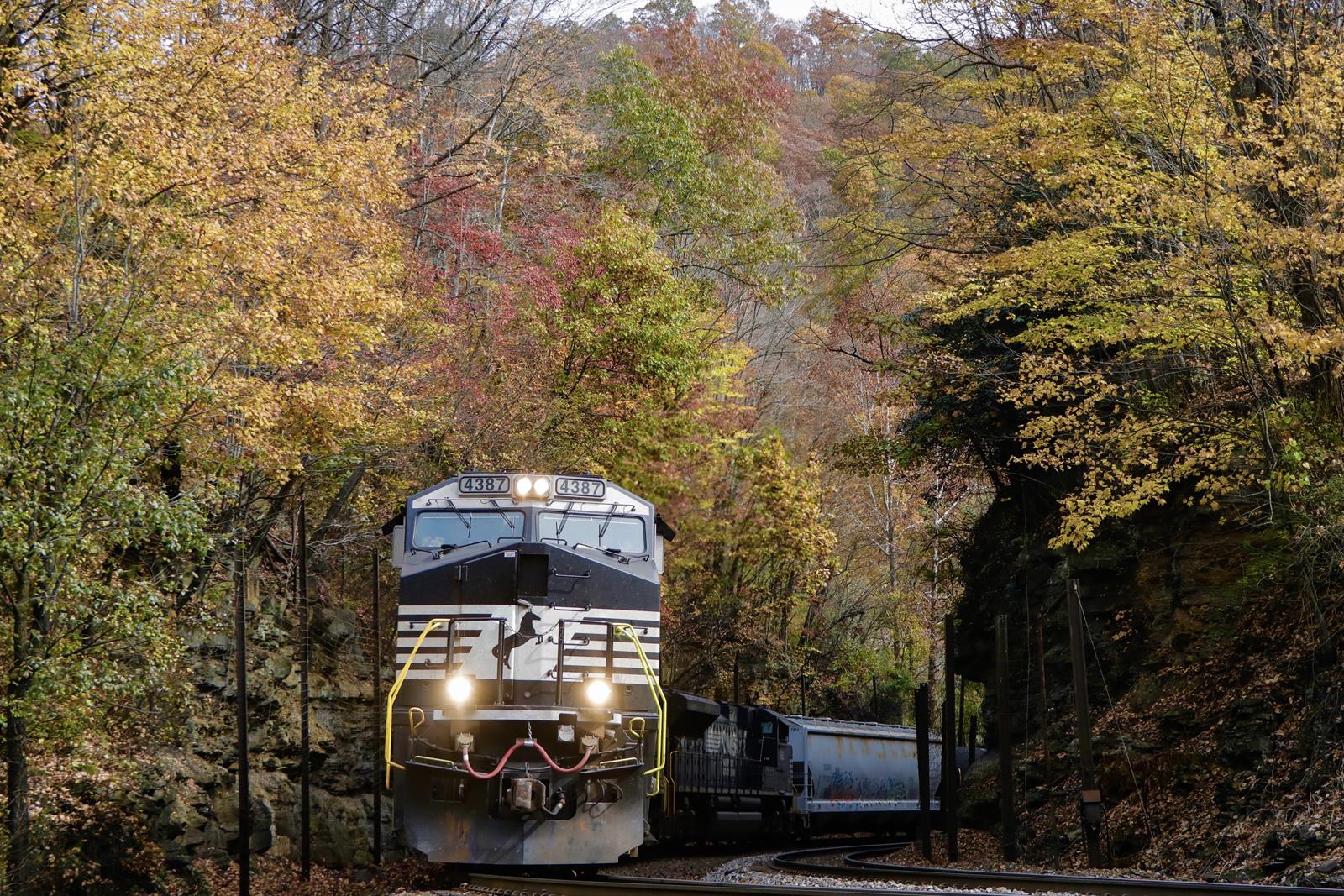 NS 4387 is a class GE AC44C6M and  is pictured in North Fork, West Virginia, USA.  This was taken along the NS Pocahontas District on the Norfolk Southern. Photo Copyright: Casey Naton uploaded to Railroad Gallery on 11/19/2022. This photograph of NS 4387 was taken on Saturday, November 06, 2021. All Rights Reserved. 