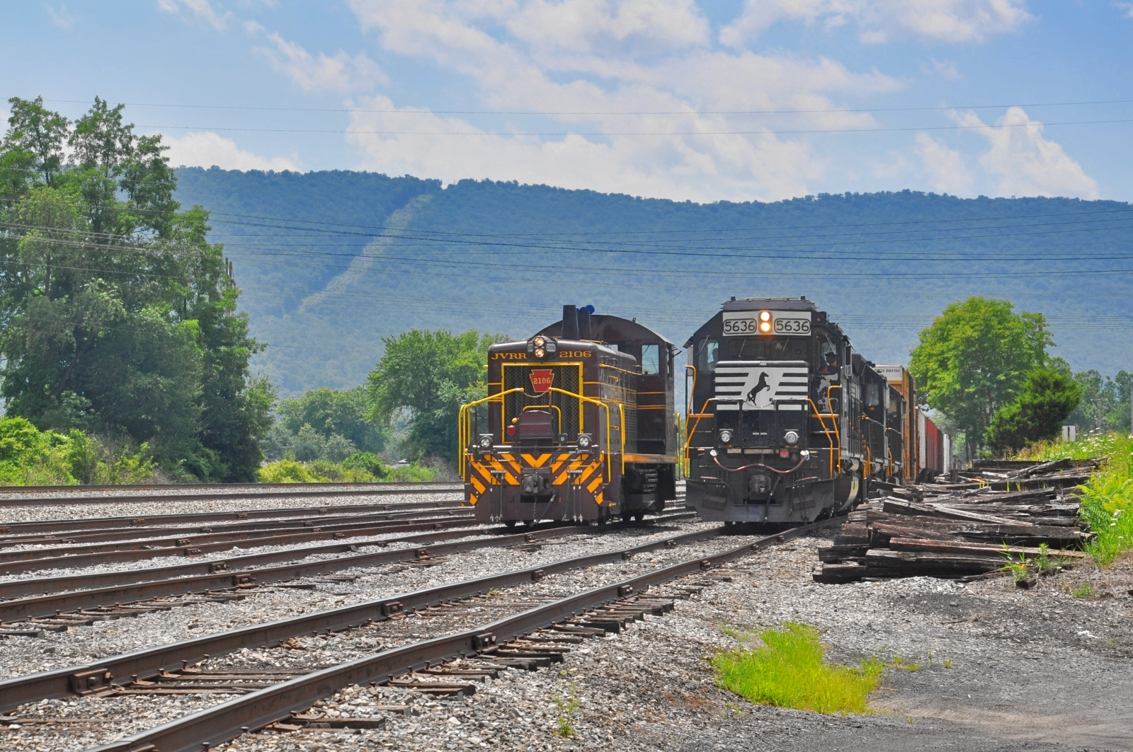 NS 5636 is a class EMD GP38-2 and  is pictured in Lewistown , Pennsylvania, USA.  This was taken along the NS Pittsburgh line on the Norfolk Southern Railway. Photo Copyright: Robby Lefkowitz uploaded to Railroad Gallery on 11/21/2022. This photograph of NS 5636 was taken on Friday, July 22, 2022. All Rights Reserved. 