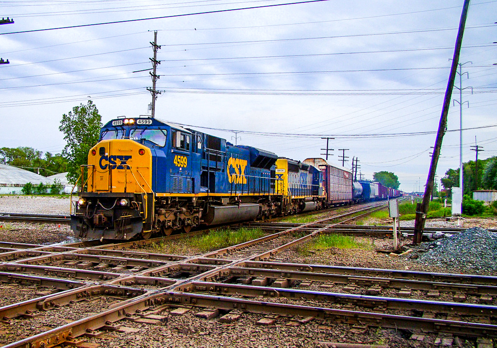 CSXT 4599 is a class EMD SD80MAC and  is pictured in Dolton, Illinois, USA.  This was taken along the Villa Grove Subdivision on the Union Pacific Railroad. Photo Copyright: Lawrence Amaloo uploaded to Railroad Gallery on 11/21/2022. This photograph of CSXT 4599 was taken on Saturday, May 15, 2010. All Rights Reserved. 