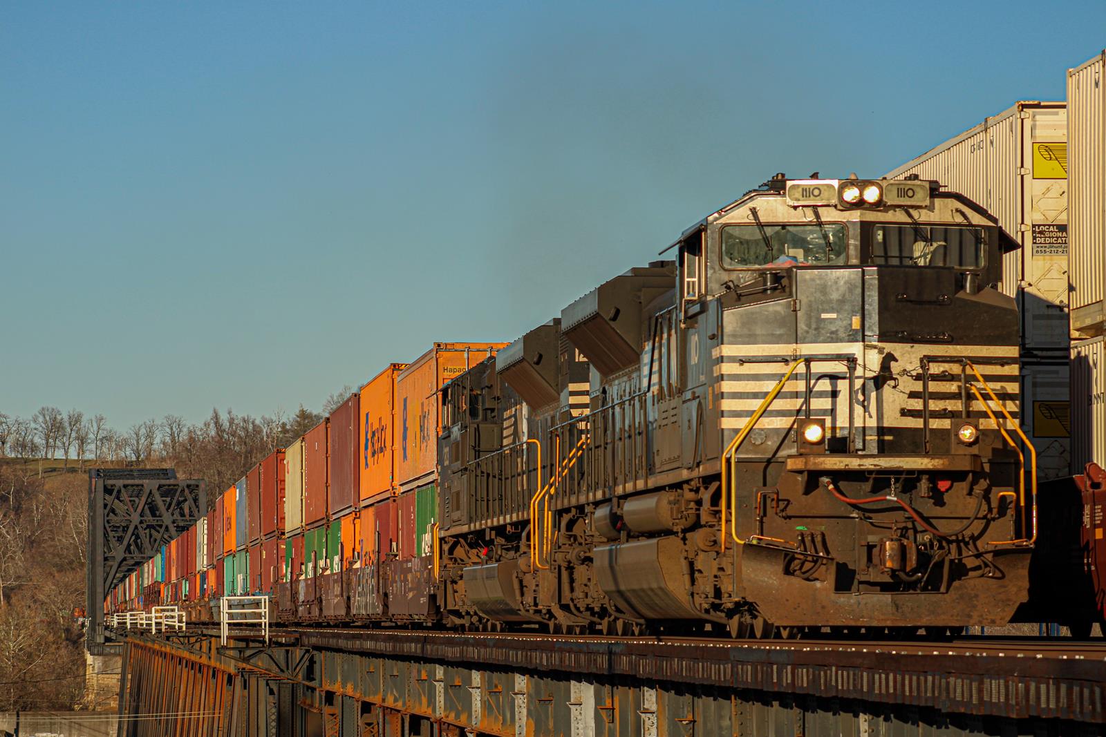 NS 1110 is a class SD70ACe and  is pictured in Kenova, West Virginia, USA.  This was taken along the Kenova District  on the Norfolk Southern. Photo Copyright: Austin  West uploaded to Railroad Gallery on 11/22/2022. This photograph of NS 1110 was taken on Tuesday, November 22, 2022. All Rights Reserved. 