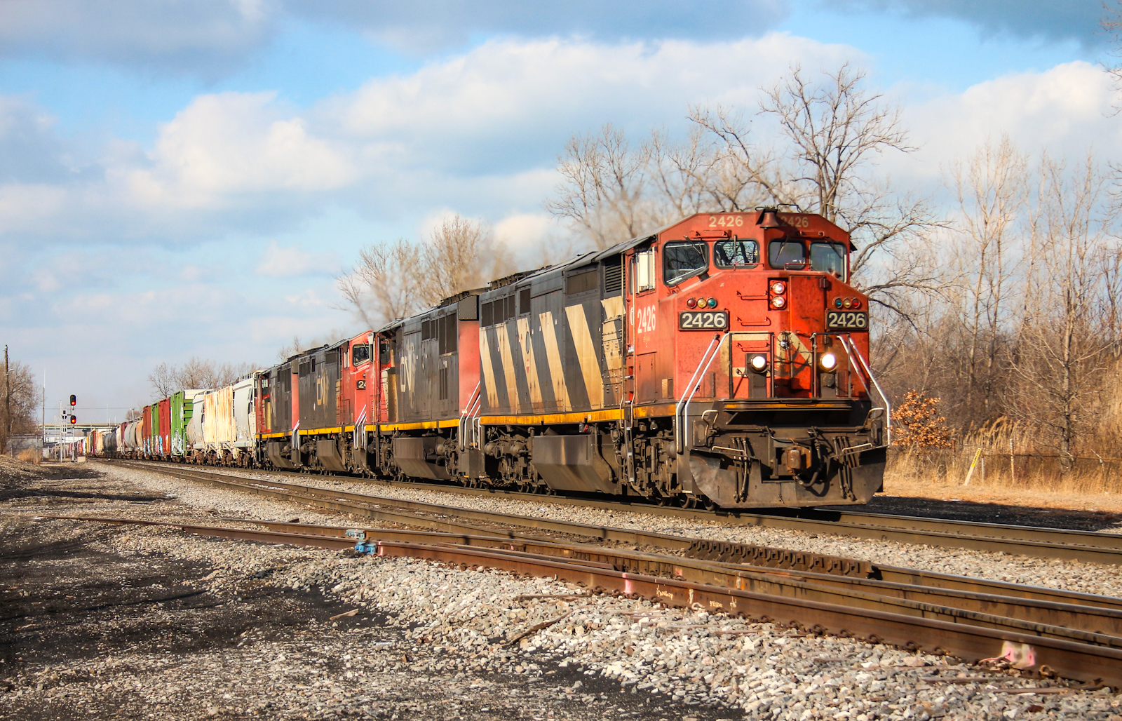 CN 2426 is a class GE C40-8M (Dash 8-40CM) and  is pictured in Gary, Indiana, USA.  This was taken along the Matteson on the Canadian National Railway. Photo Copyright: Lawrence Amaloo uploaded to Railroad Gallery on 11/23/2022. This photograph of CN 2426 was taken on Friday, February 12, 2016. All Rights Reserved. 