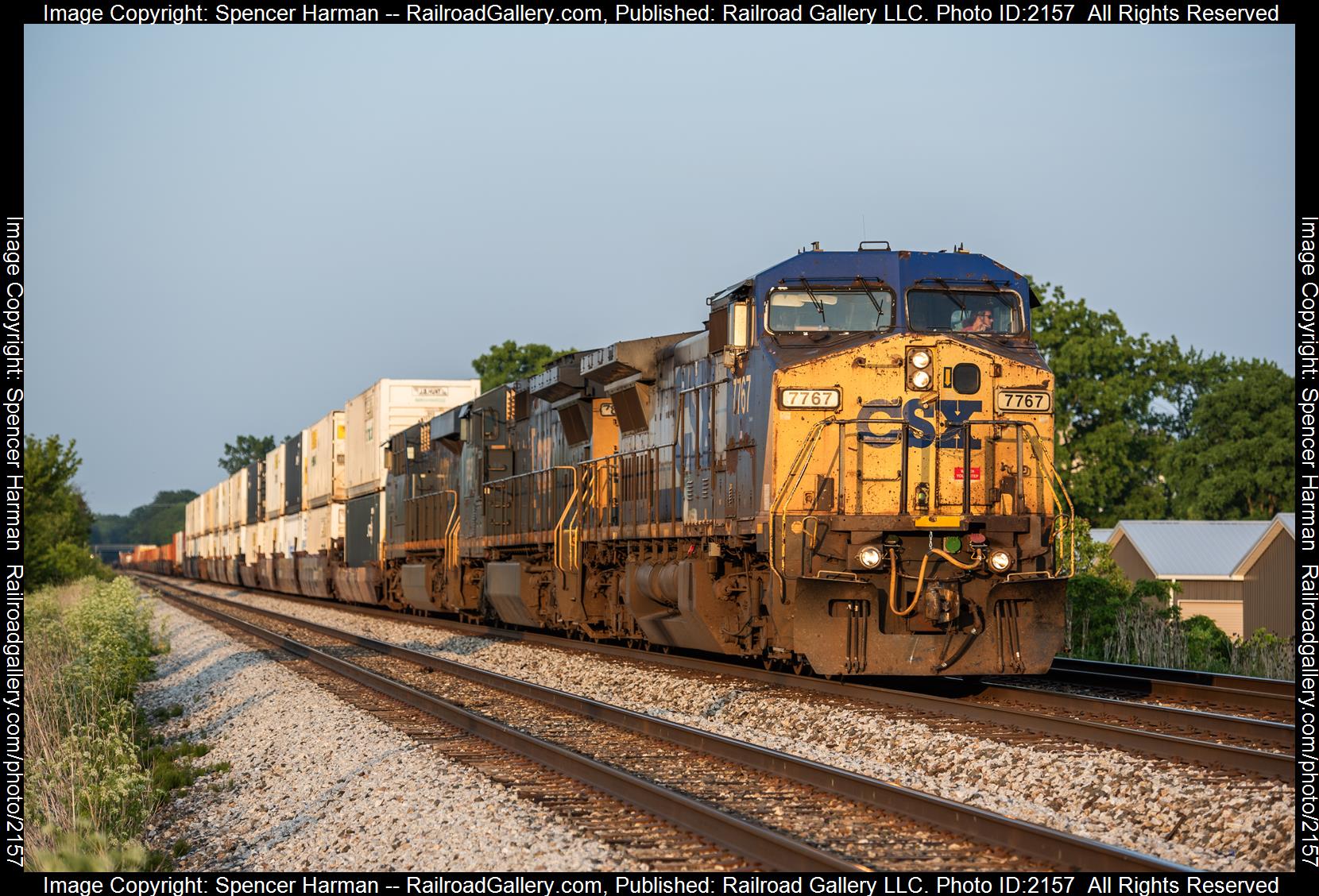 CSXT 7767 is a class GE C40-8W (Dash 8-40CW) and  is pictured in Garrett, Indiana, USA.  This was taken along the Garrett Subdivision on the CSX Transportation. Photo Copyright: Spencer Harman uploaded to Railroad Gallery on 06/23/2023. This photograph of CSXT 7767 was taken on Tuesday, June 20, 2023. All Rights Reserved. 