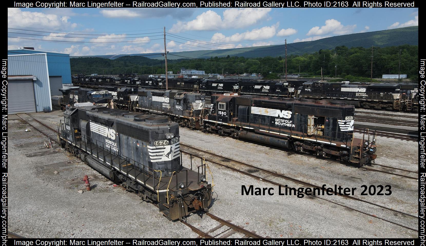 NS 1626 is a class EMD SD40-2 and  is pictured in Altoona, Pennsylvania, USA.  This was taken along the NS Juniata Shops on the Norfolk Southern. Photo Copyright: Marc Lingenfelter uploaded to Railroad Gallery on 06/26/2023. This photograph of NS 1626 was taken on Sunday, June 25, 2023. All Rights Reserved. 