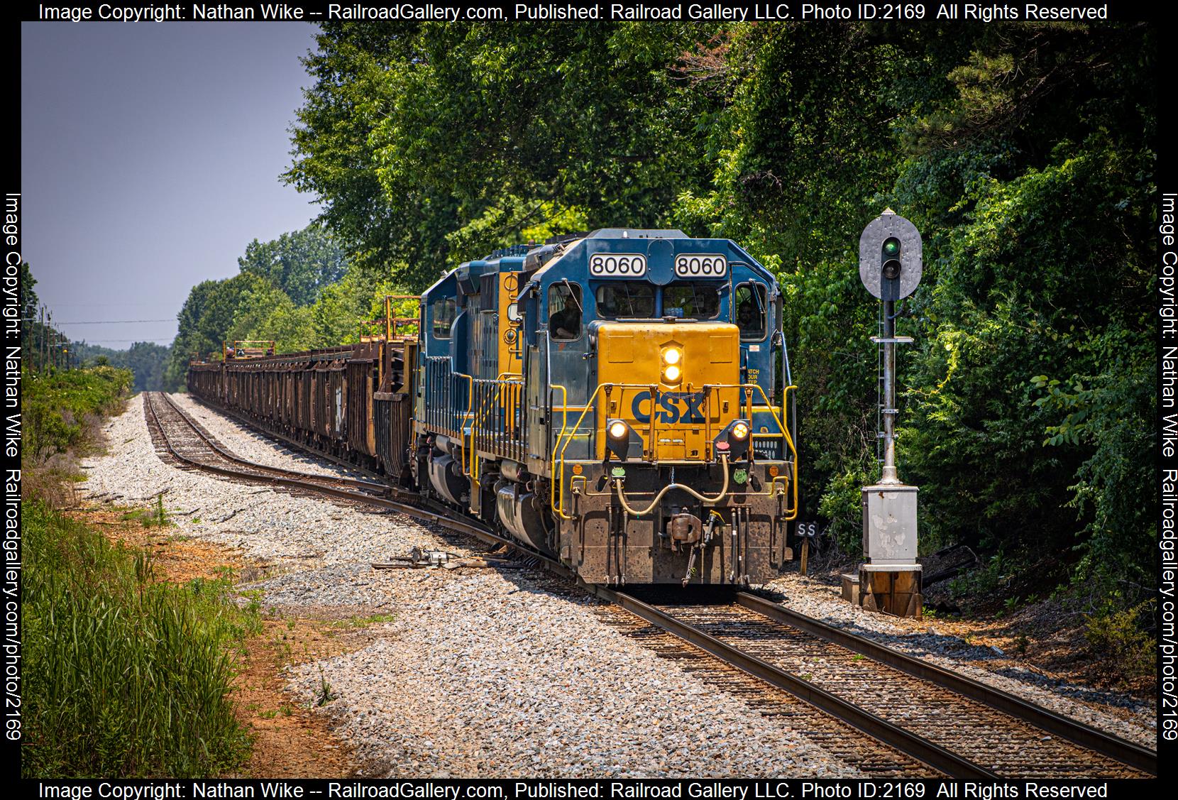 CSXT 8060 is a class sd40-2 and  is pictured in Mount Holly, North Carolina, United States.  This was taken along the Charlotte Subdivision  on the CSX Transportation. Photo Copyright: Nathan Wike uploaded to Railroad Gallery on 06/28/2023. This photograph of CSXT 8060 was taken on Saturday, June 10, 2023. All Rights Reserved. 