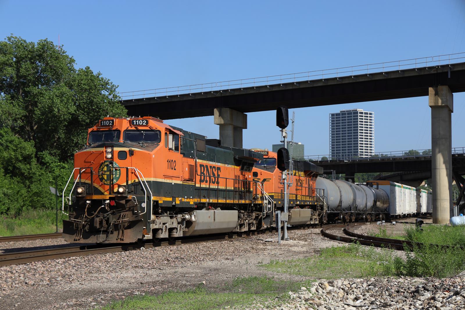 BNSF 1102 is a class GE C44-9W (Dash 9-44CW) and  is pictured in Kansas City, Missouri, USA.  This was taken along the KCT Terminal  on the BNSF Railway. Photo Copyright: Marc Lingenfelter uploaded to Railroad Gallery on 11/23/2022. This photograph of BNSF 1102 was taken on Monday, June 13, 2022. All Rights Reserved. 