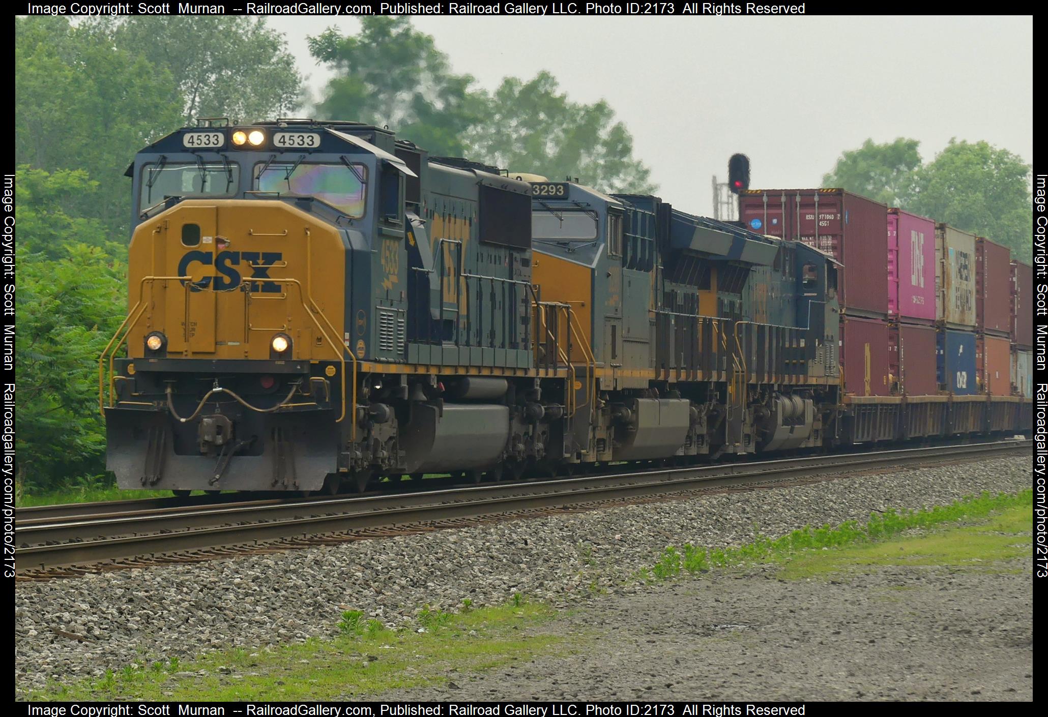 CSX 4533 is a class EMD SD70MAC and  is pictured in Perinton , New York, United States.  This was taken along the Rochester Subdivision  on the CSX Transportation. Photo Copyright: Scott  Murnan  uploaded to Railroad Gallery on 06/30/2023. This photograph of CSX 4533 was taken on Friday, June 30, 2023. All Rights Reserved. 