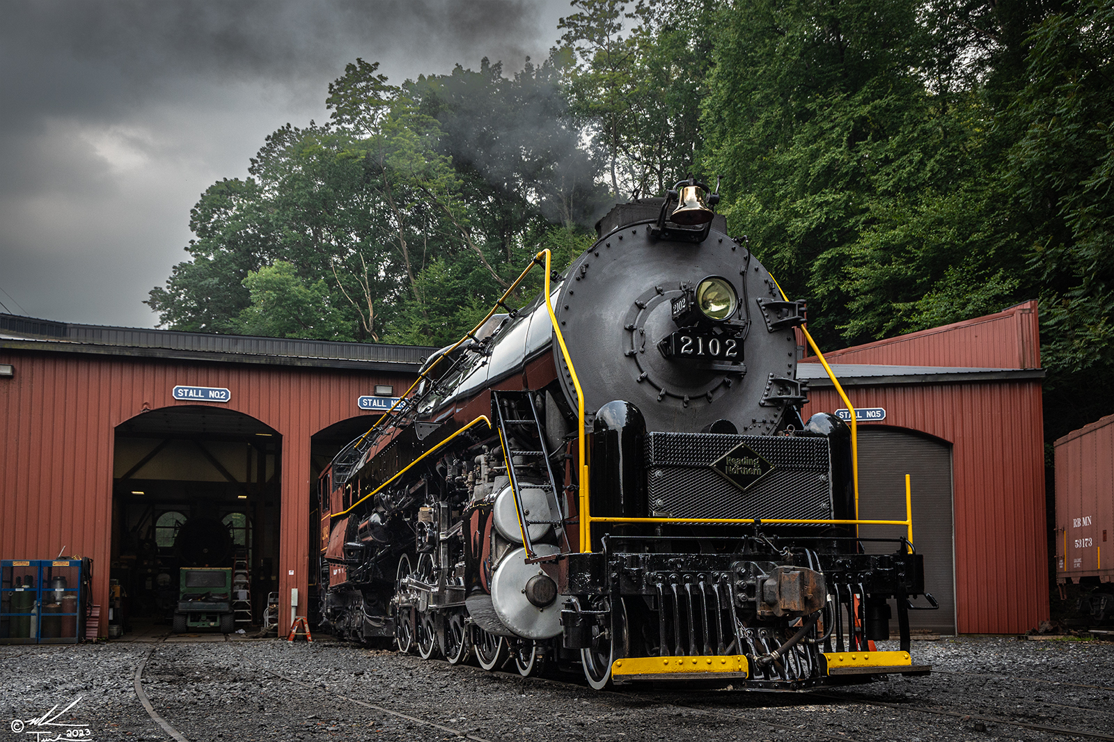 RDG 2102 is a class T-1 and  is pictured in Port Clinton, Pennsylvania, USA.  This was taken along the Reading & Northern Steam Shop on the Reading Company. Photo Copyright: Mark Turkovich uploaded to Railroad Gallery on 07/01/2023. This photograph of RDG 2102 was taken on Friday, June 30, 2023. All Rights Reserved. 