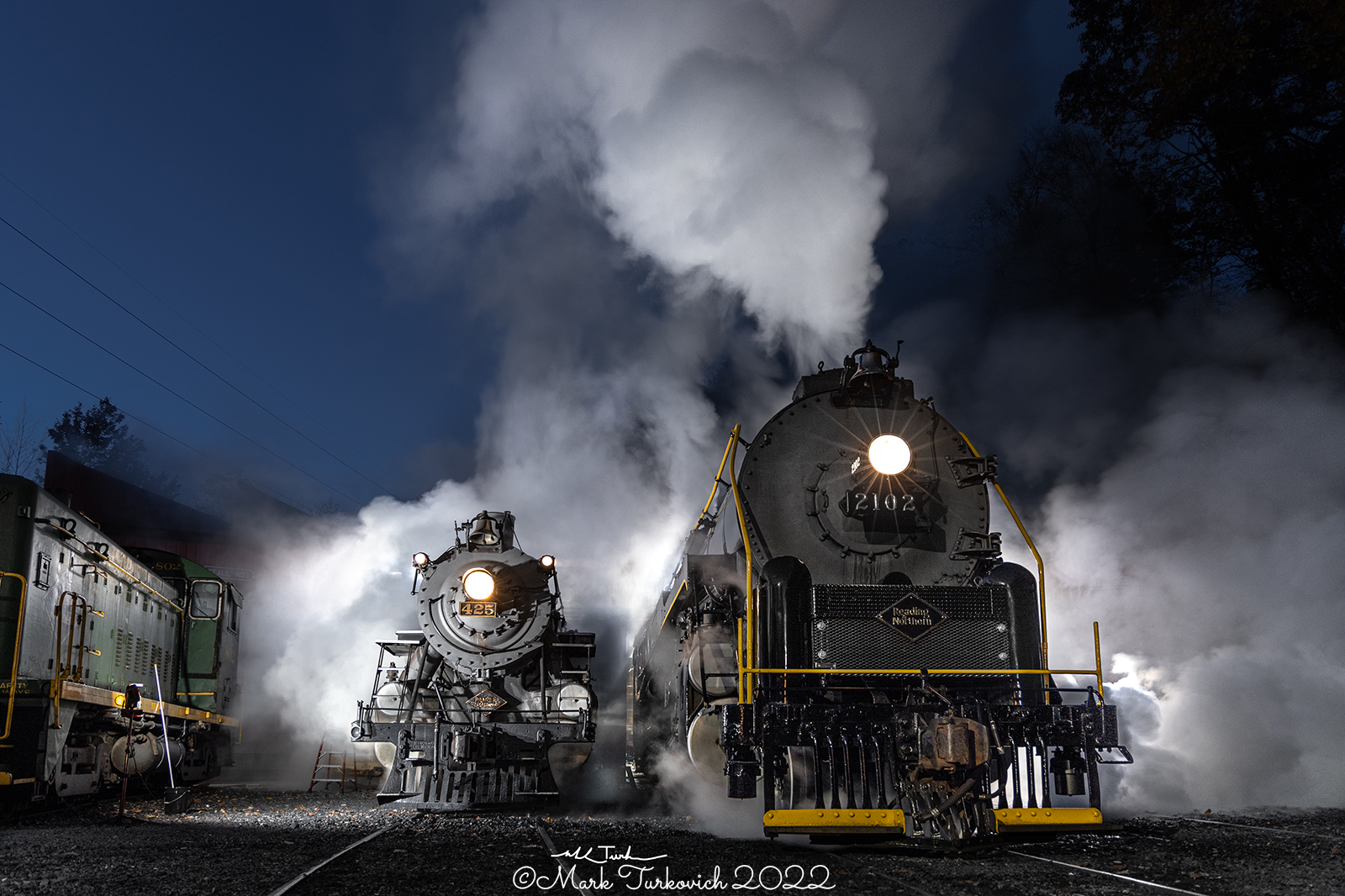 RDG 2102 is a class T-1 and  is pictured in Port Clinton, Pennsylvania, USA.  This was taken along the Reading & Northern Steam Shop on the Reading Company. Photo Copyright: Mark Turkovich uploaded to Railroad Gallery on 11/23/2022. This photograph of RDG 2102 was taken on Saturday, October 29, 2022. All Rights Reserved. 