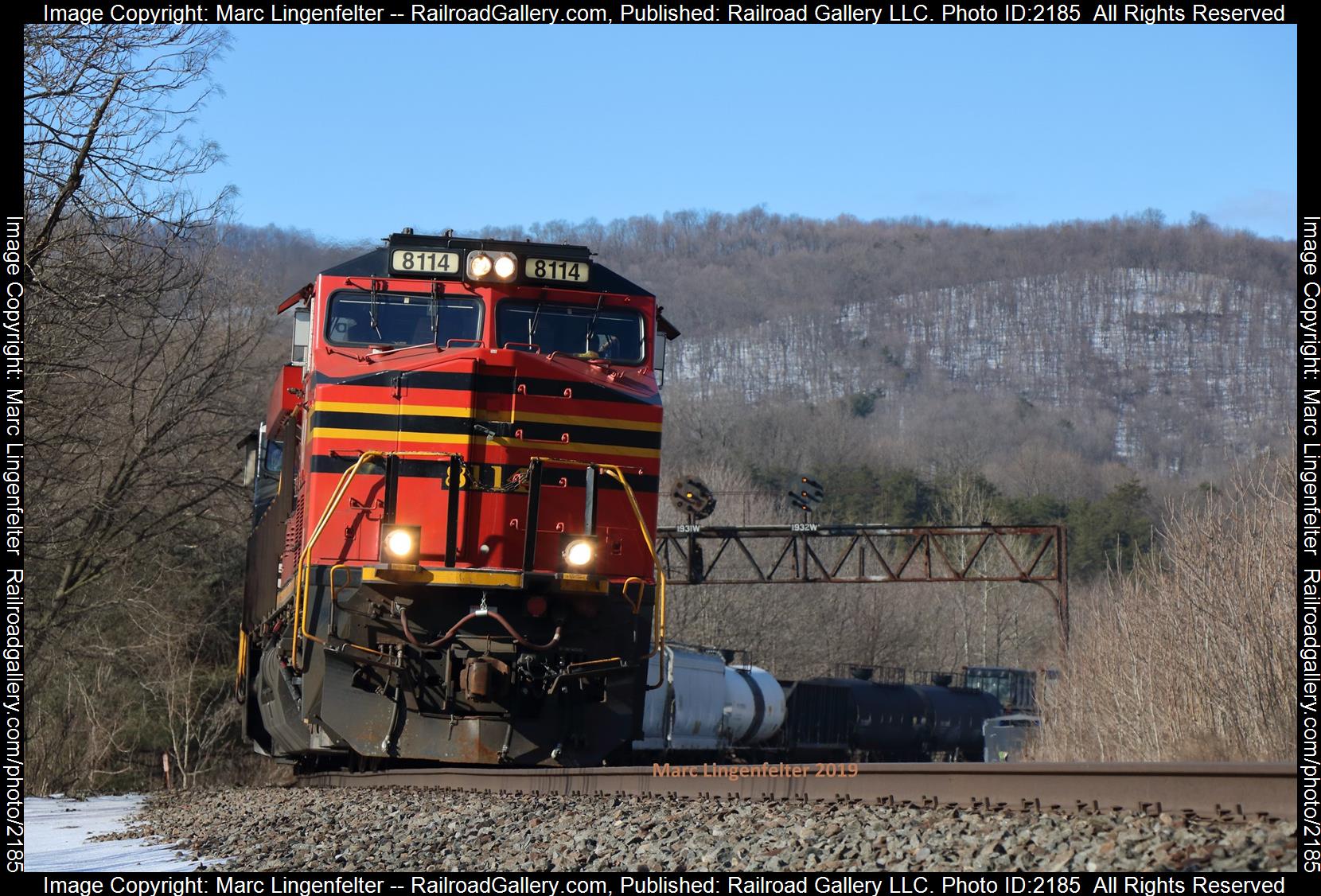 NS 8114 is a class GE ES44AC and  is pictured in Mapleton, Pennsylvania, USA.  This was taken along the NS Pittsburgh Line on the Norfolk Southern. Photo Copyright: Marc Lingenfelter uploaded to Railroad Gallery on 07/02/2023. This photograph of NS 8114 was taken on Saturday, February 16, 2019. All Rights Reserved. 