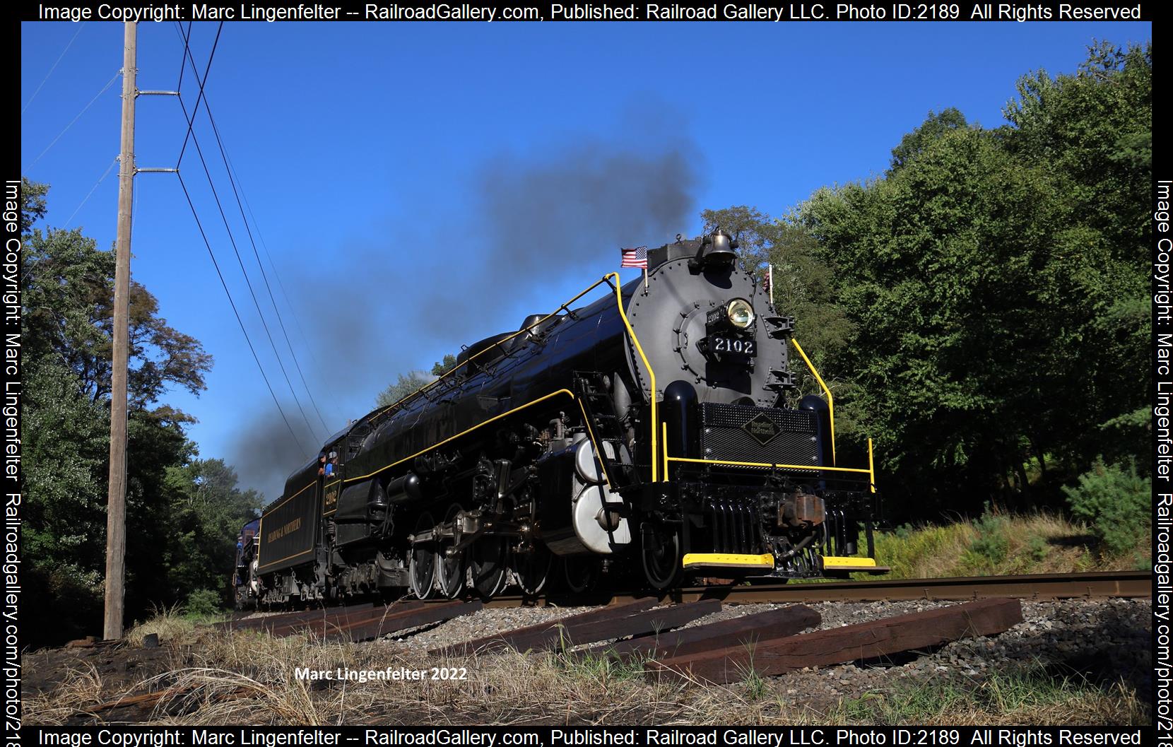 R&N 2102 is a class Steam 4-8-4 and  is pictured in Atlas, Pennsylvania, USA.  This was taken along the Reading and Northern mainline on the Reading Blue Mountain and Northern Railroad. Photo Copyright: Marc Lingenfelter uploaded to Railroad Gallery on 07/03/2023. This photograph of R&N 2102 was taken on Saturday, August 13, 2022. All Rights Reserved. 