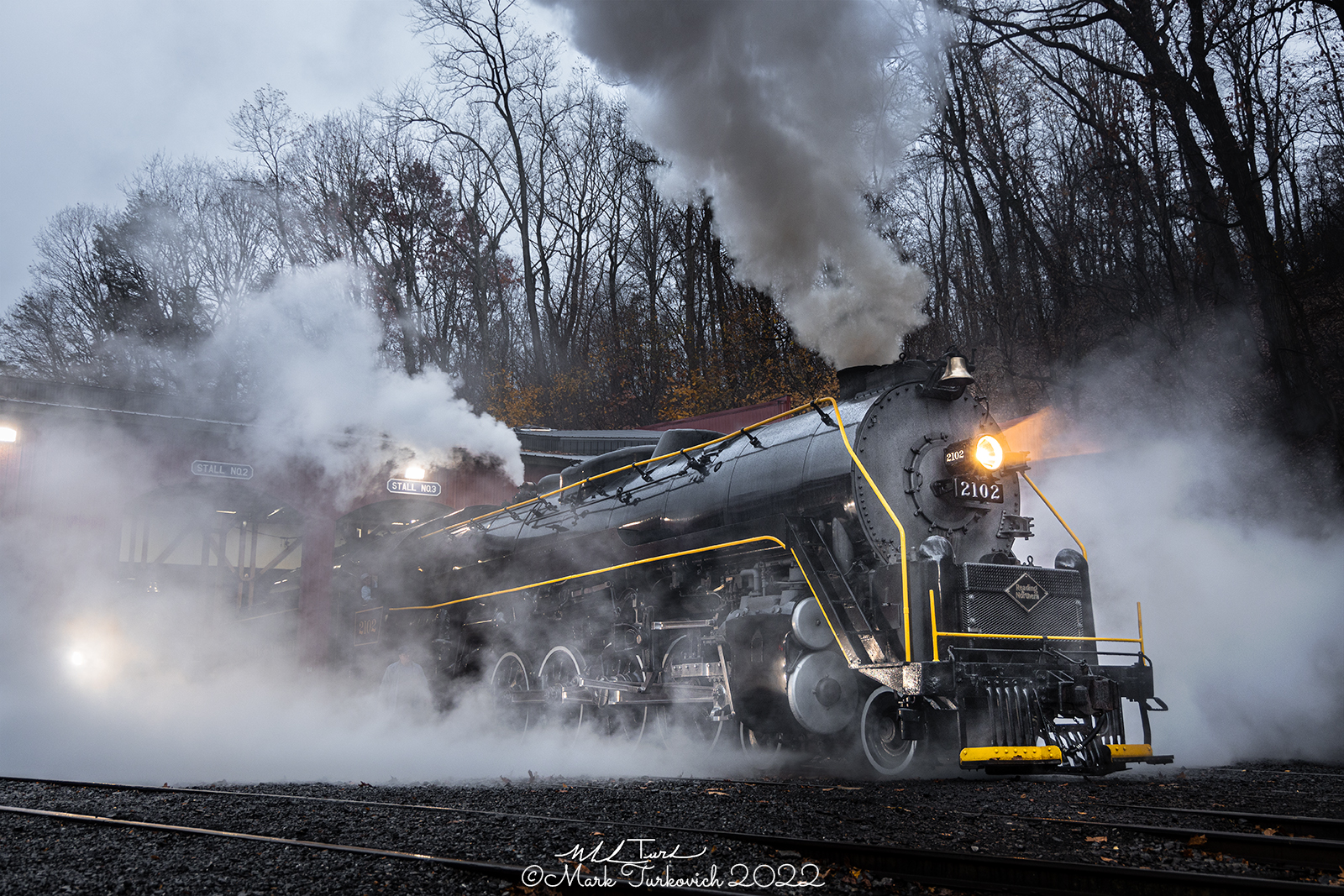 RDG 2102 is a class T-1 and  is pictured in Port Clinton, Pennsylvania, USA.  This was taken along the Reading & Northern Steam Shop on the Reading Company. Photo Copyright: Mark Turkovich uploaded to Railroad Gallery on 11/23/2022. This photograph of RDG 2102 was taken on Sunday, November 06, 2022. All Rights Reserved. 