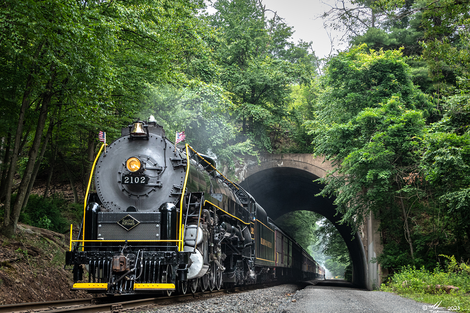 RDG 2102 is a class T-1 and  is pictured in Nesquehoning, Pennsylvania, USA.  This was taken along the Nesquehoning Tunnel on the Reading Company. Photo Copyright: Mark Turkovich uploaded to Railroad Gallery on 07/05/2023. This photograph of RDG 2102 was taken on Saturday, July 01, 2023. All Rights Reserved. 