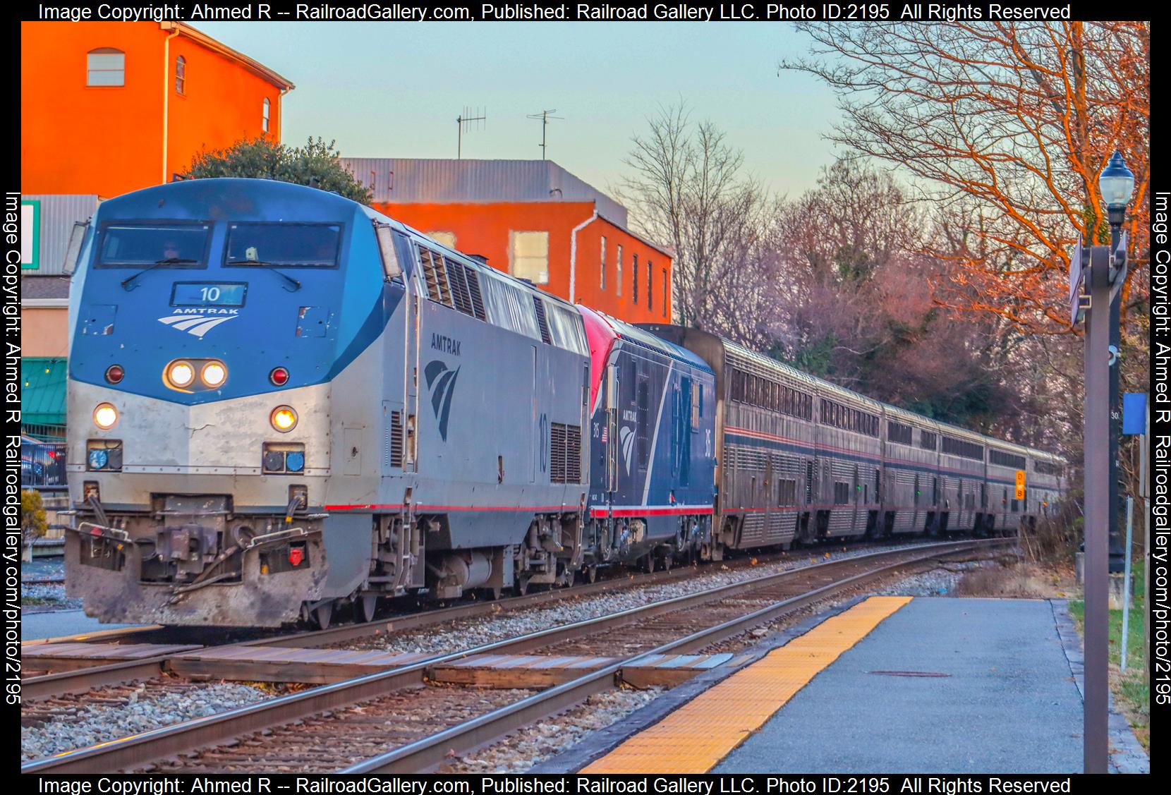 Amtrak #10 is a class GE P42DC and  is pictured in Gaithersburg, Maryland, USA.  This was taken along the Metropolitan Subdivision on the CSX. Photo Copyright: Ahmed R uploaded to Railroad Gallery on 07/05/2023. This photograph of Amtrak #10 was taken on Sunday, December 04, 2022. All Rights Reserved. 