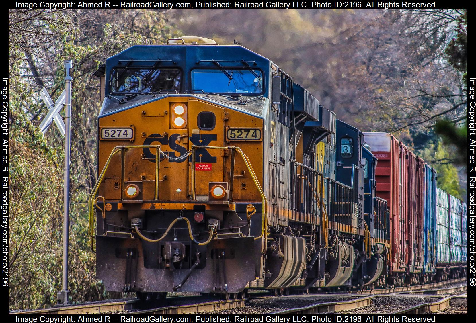 CSX 5274 is a class GE ES40DC and  is pictured in Garett Park, Maryland, USA.  This was taken along the CSX Metropolitan Subdivision on the CSX Transportation. Photo Copyright: Ahmed R uploaded to Railroad Gallery on 07/05/2023. This photograph of CSX 5274 was taken on Thursday, November 24, 2022. All Rights Reserved. 
