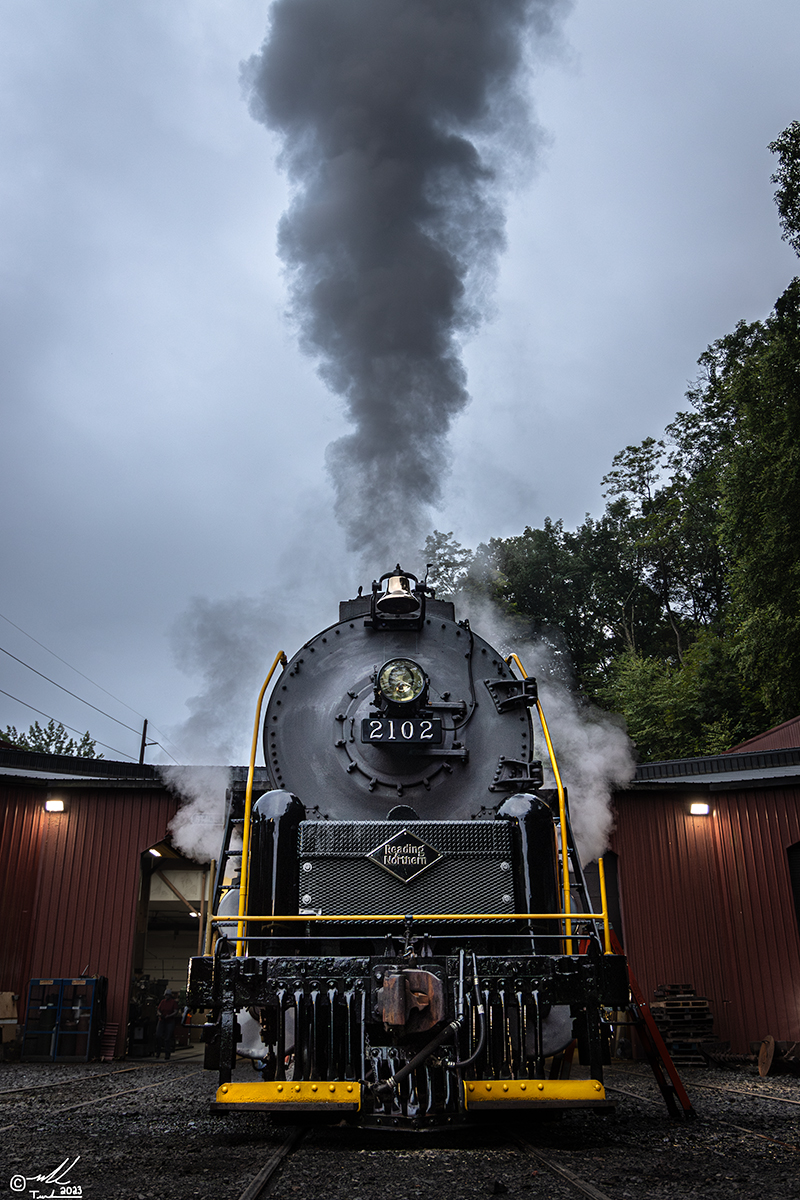 RDG 2102 is a class T-1 and  is pictured in Port Clinton, Pennsylvania, USA.  This was taken along the Reading & Northern Steam Shop on the Reading Company. Photo Copyright: Mark Turkovich uploaded to Railroad Gallery on 07/07/2023. This photograph of RDG 2102 was taken on Saturday, July 01, 2023. All Rights Reserved. 