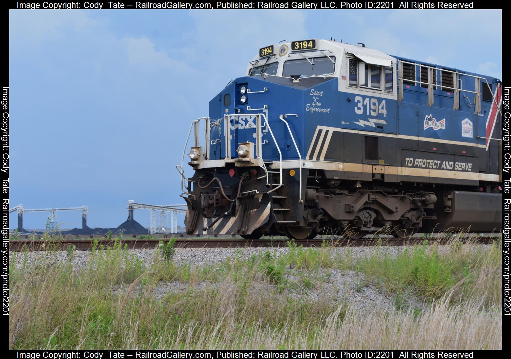 CSXT 3194 is a class ES44AH and  is pictured in McLeansboro , Illinois, USA.  This was taken along the EVWR  on the CSX Transportation. Photo Copyright: Cody  Tate uploaded to Railroad Gallery on 07/07/2023. This photograph of CSXT 3194 was taken on Wednesday, July 05, 2023. All Rights Reserved. 