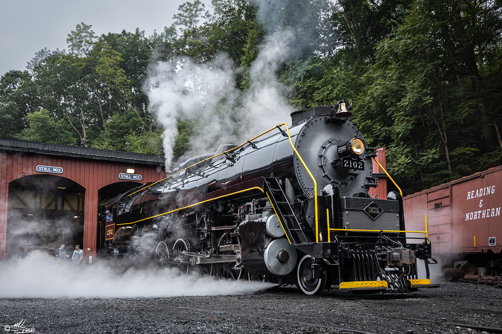 RDG 2102 is a class T-1 and  is pictured in Port Clinton, Pennsylvania, USA.  This was taken along the Reading & Northern Steam Shop on the Reading Company. Photo Copyright: Mark Turkovich uploaded to Railroad Gallery on 07/08/2023. This photograph of RDG 2102 was taken on Saturday, July 01, 2023. All Rights Reserved. 