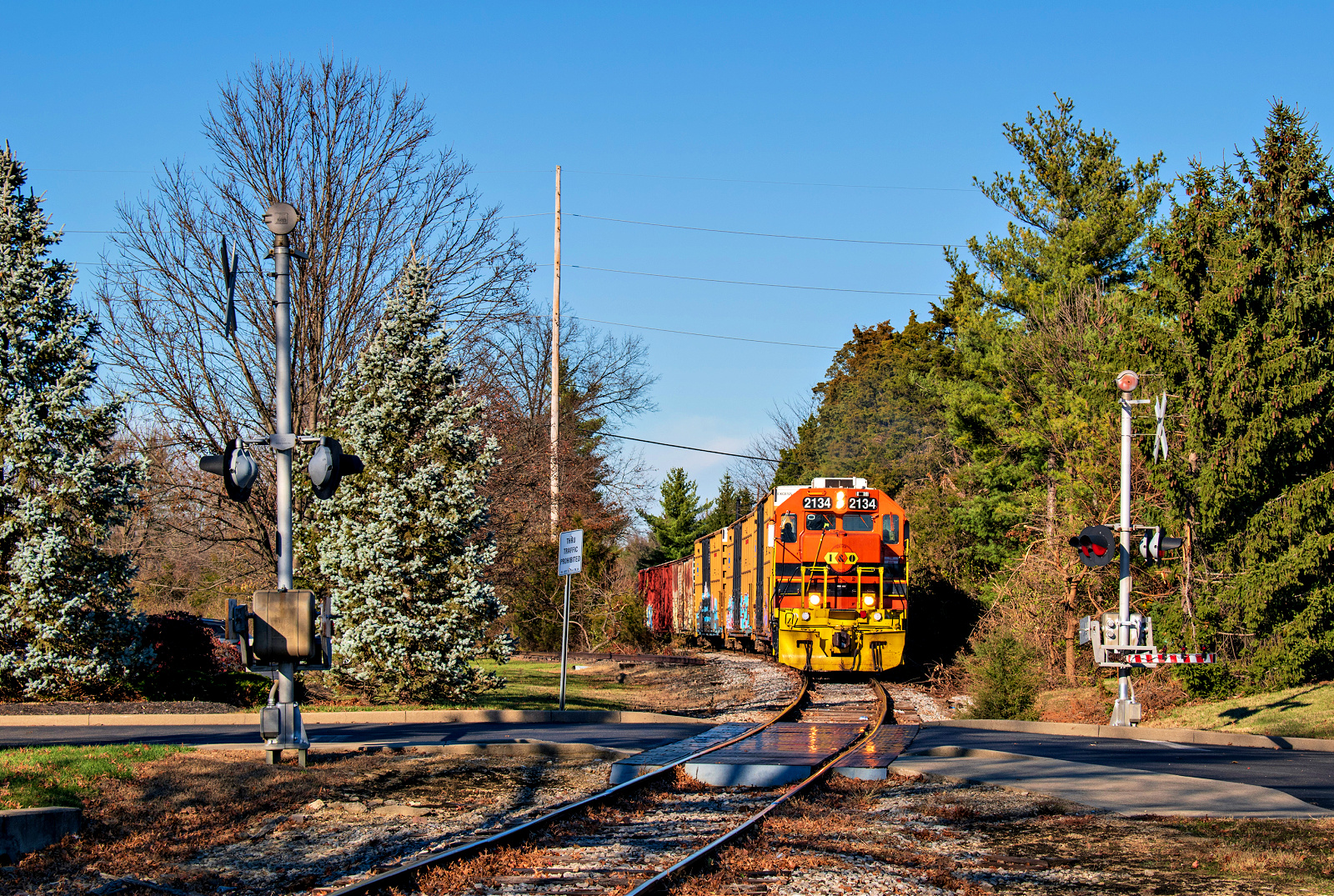 IORY 2134 is a class EMD GP38-2 and  is pictured in Blue Ash, OH, United States.  This was taken along the Blue Ash Subdivision on the Indiana and Ohio Railway. Photo Copyright: David Rohdenburg uploaded to Railroad Gallery on 11/23/2022. This photograph of IORY 2134 was taken on Monday, November 21, 2022. All Rights Reserved. 