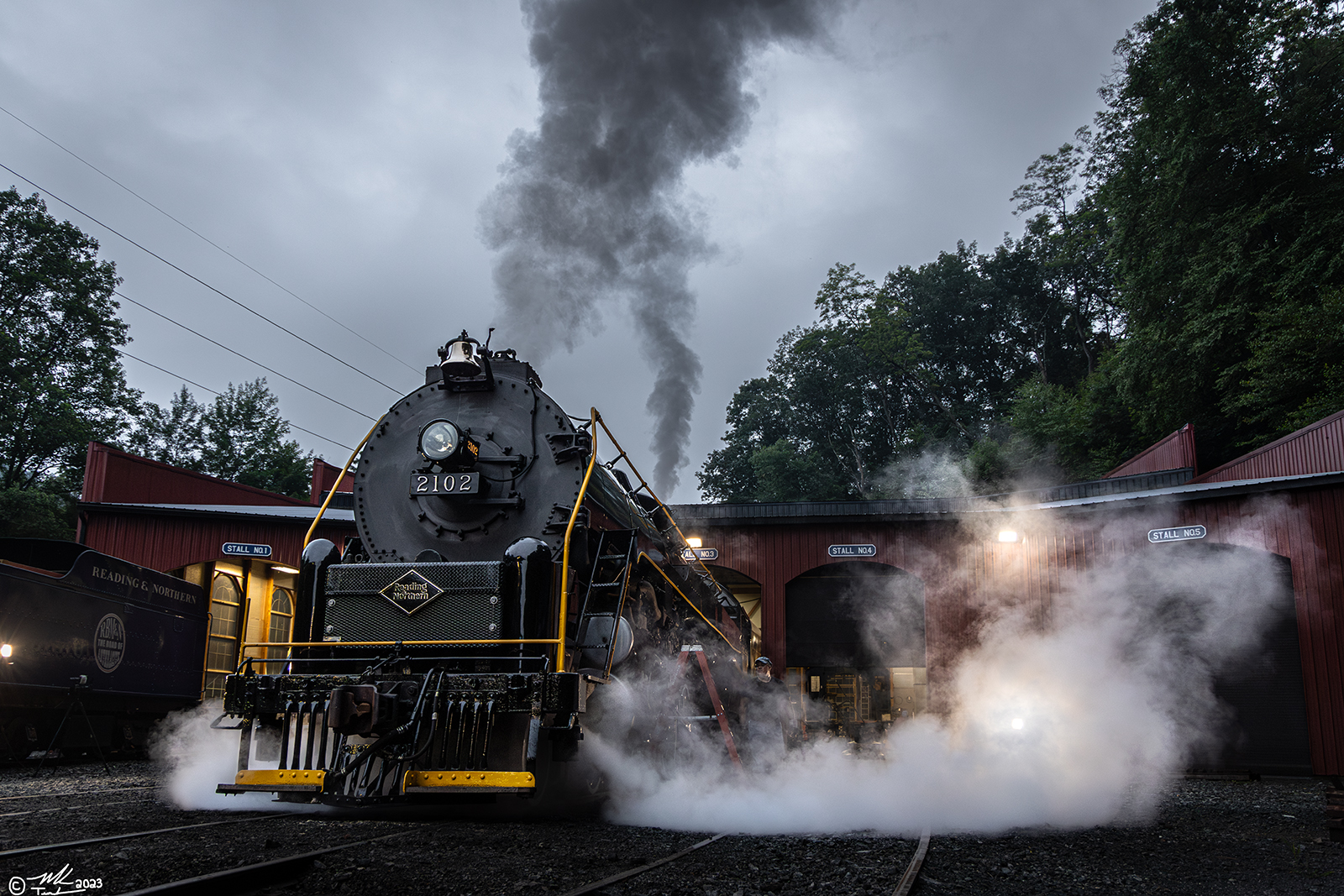 RDG 2102 is a class T-1 and  is pictured in Port Clinton, Pennsylvania, USA.  This was taken along the Reading & Northern Steam Shop on the Reading Company. Photo Copyright: Mark Turkovich uploaded to Railroad Gallery on 07/10/2023. This photograph of RDG 2102 was taken on Saturday, July 01, 2023. All Rights Reserved. 