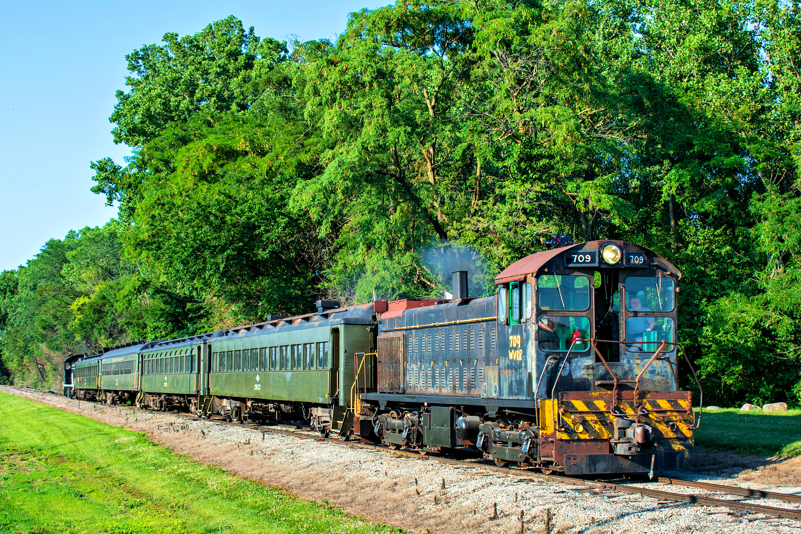 WVRR 709 is a class Lima Hamilton LS1000 and  is pictured in Connersville, Indiana, United States.  This was taken along the WVRR Mainline on the Whitewater Valley Railroad. Photo Copyright: David Rohdenburg uploaded to Railroad Gallery on 07/17/2023. This photograph of WVRR 709 was taken on Friday, July 07, 2023. All Rights Reserved. 