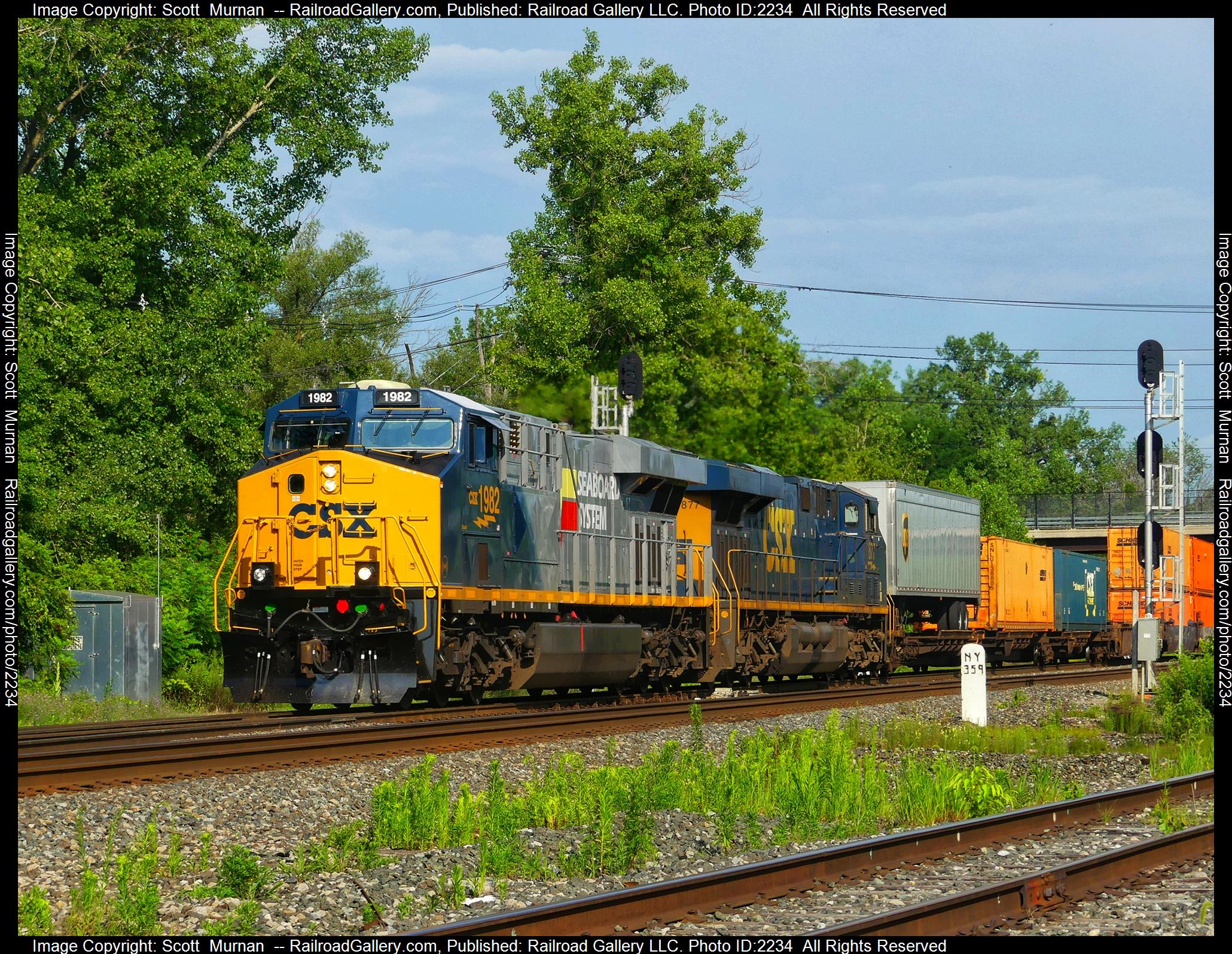 CSX 1982 is a class GE ES44AC and  is pictured in Perinton , New York, United States.  This was taken along the Rochester Subdivision  on the CSX Transportation. Photo Copyright: Scott  Murnan  uploaded to Railroad Gallery on 07/24/2023. This photograph of CSX 1982 was taken on Monday, July 24, 2023. All Rights Reserved. 