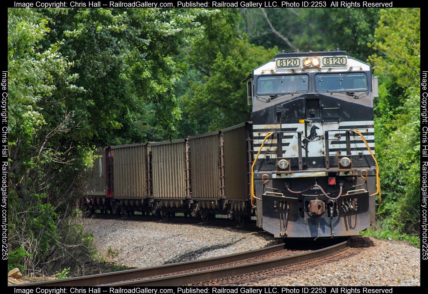 NS 8120 is a class GE ES44AC and  is pictured in Lawrenceburg , Kentucky, United States.  This was taken along the Louisville District  on the Norfolk Southern. Photo Copyright: Chris Hall uploaded to Railroad Gallery on 08/07/2023. This photograph of NS 8120 was taken on Sunday, August 06, 2023. All Rights Reserved. 