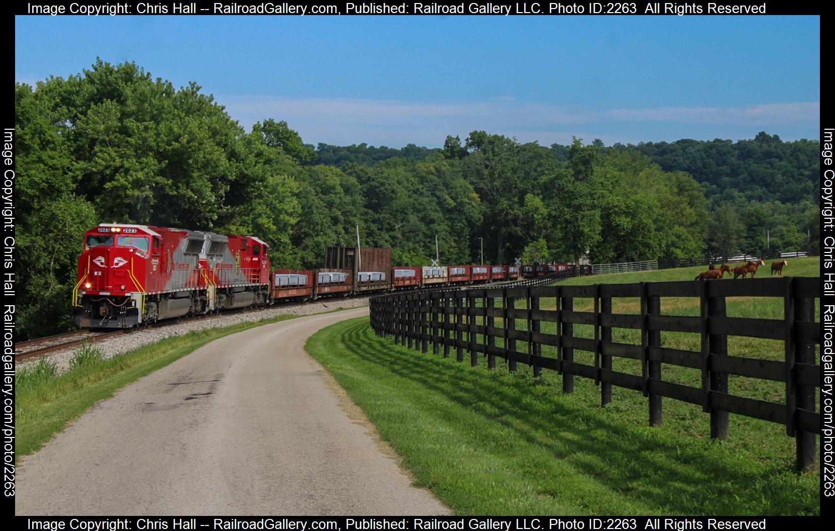 RJCC 2023 is a class EMD SD70M and  is pictured in Frankfort, Kentucky, United States.  This was taken along the Old Road Subdivision  on the R.J. Corman Railroad/Central Kentucky Lines. Photo Copyright: Chris Hall uploaded to Railroad Gallery on 08/11/2023. This photograph of RJCC 2023 was taken on Sunday, June 25, 2023. All Rights Reserved. 