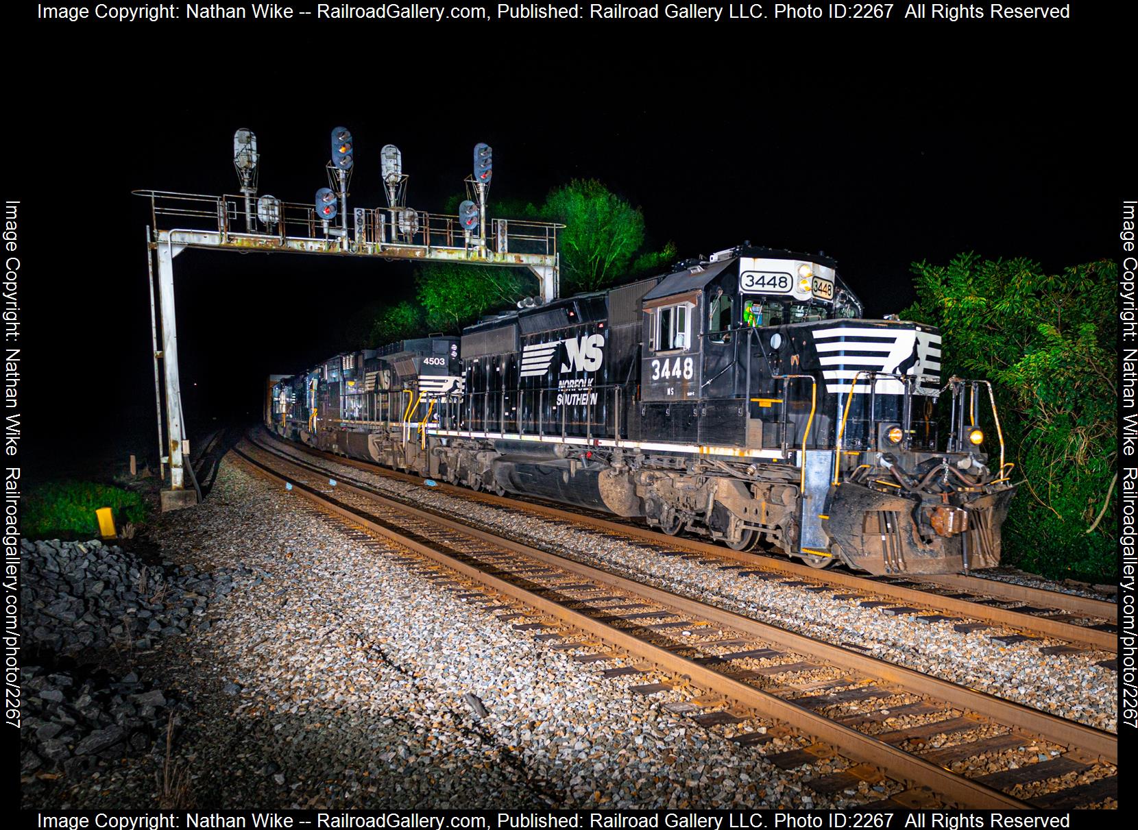 NS 3448 is a class sd40-2 and  is pictured in Lowell, North Carolina, United States.  This was taken along the Piedmont Divison  on the Norfolk Southern. Photo Copyright: Nathan Wike uploaded to Railroad Gallery on 08/12/2023. This photograph of NS 3448 was taken on Thursday, August 10, 2023. All Rights Reserved. 