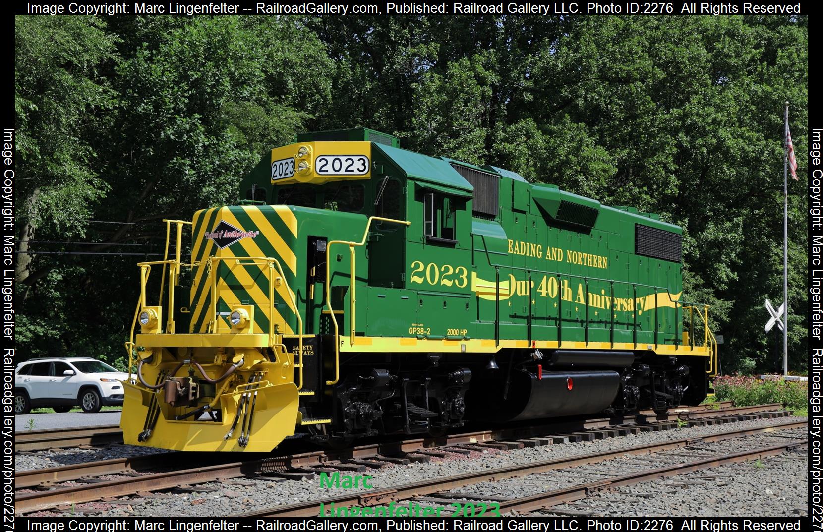 RN 2023 is a class EMD GP38-2 and  is pictured in Port Clinton, Pennsylvania, USA.  This was taken along the R&N Mainline on the Reading Blue Mountain and Northern Railroad. Photo Copyright: Marc Lingenfelter uploaded to Railroad Gallery on 08/14/2023. This photograph of RN 2023 was taken on Sunday, August 13, 2023. All Rights Reserved. 