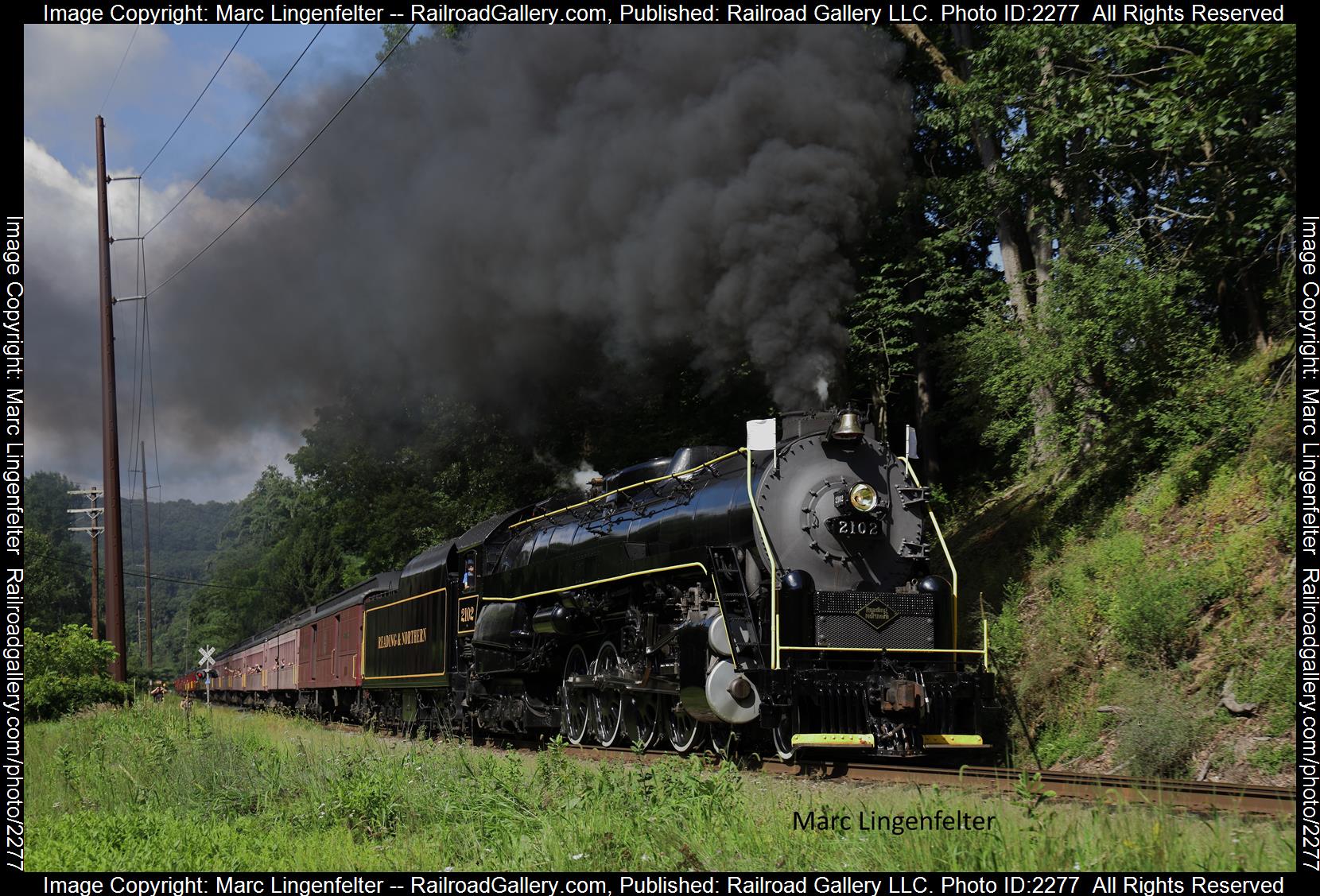 R&N 2102 is a class Steam T1 4-8-4 and  is pictured in Atlas Park, Pennsylvania, USA.  This was taken along the R&N Mainlane on the Reading Blue Mountain and Northern Railroad. Photo Copyright: Marc Lingenfelter uploaded to Railroad Gallery on 08/14/2023. This photograph of R&N 2102 was taken on Sunday, August 13, 2023. All Rights Reserved. 