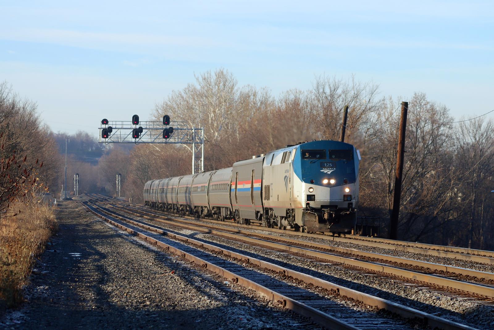 AMTK 125 is a class GE P42DC and  is pictured in Latrobe, Pennsylvania, USA.  This was taken along the Pittsburgh Line on the Amtrak. Photo Copyright: Adam Klimchock uploaded to Railroad Gallery on 11/24/2022. This photograph of AMTK 125 was taken on Thursday, November 24, 2022. All Rights Reserved. 