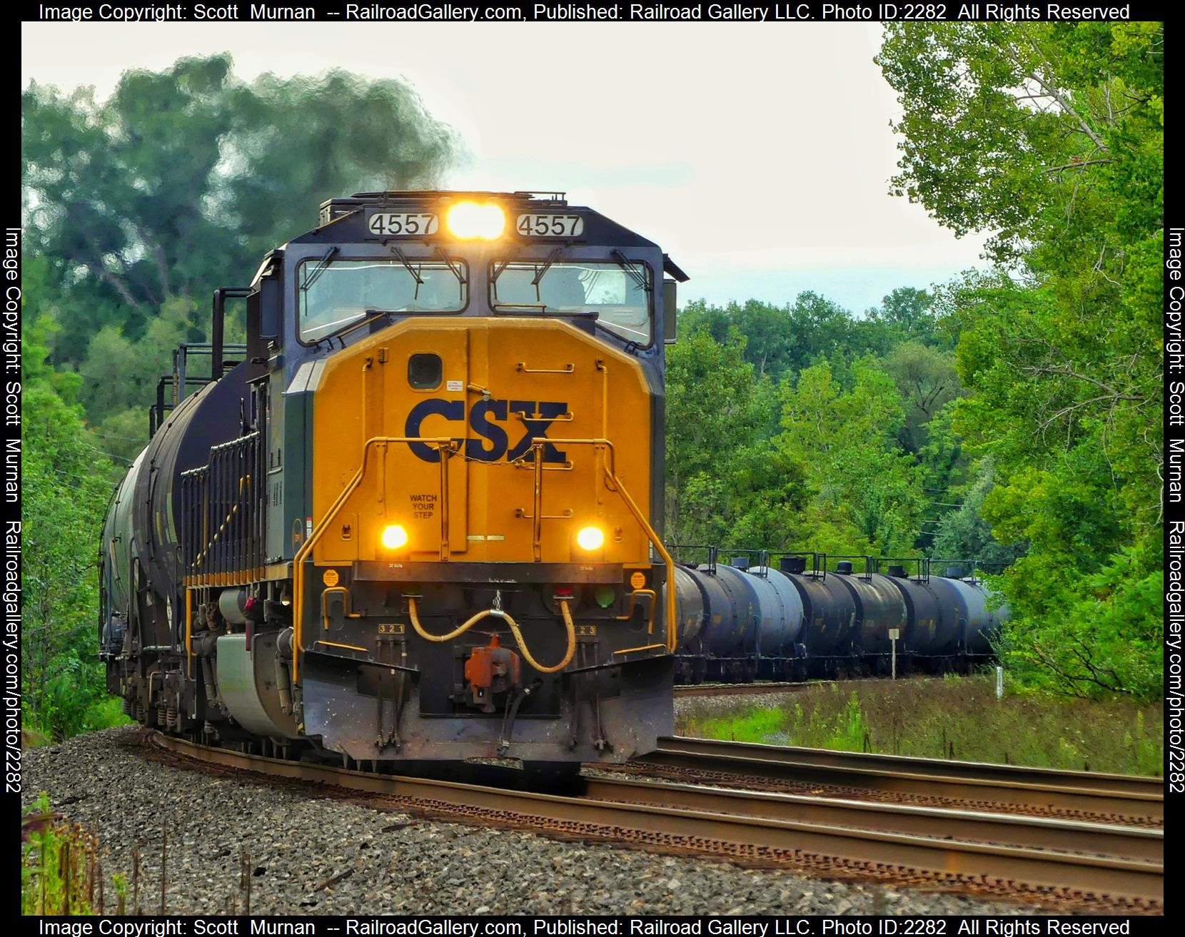 CSX 4557 is a class EMD SD70MAC and  is pictured in Wayneport , New York, United States.  This was taken along the Rochester Subdivision  on the CSX Transportation. Photo Copyright: Scott  Murnan  uploaded to Railroad Gallery on 08/16/2023. This photograph of CSX 4557 was taken on Tuesday, August 15, 2023. All Rights Reserved. 