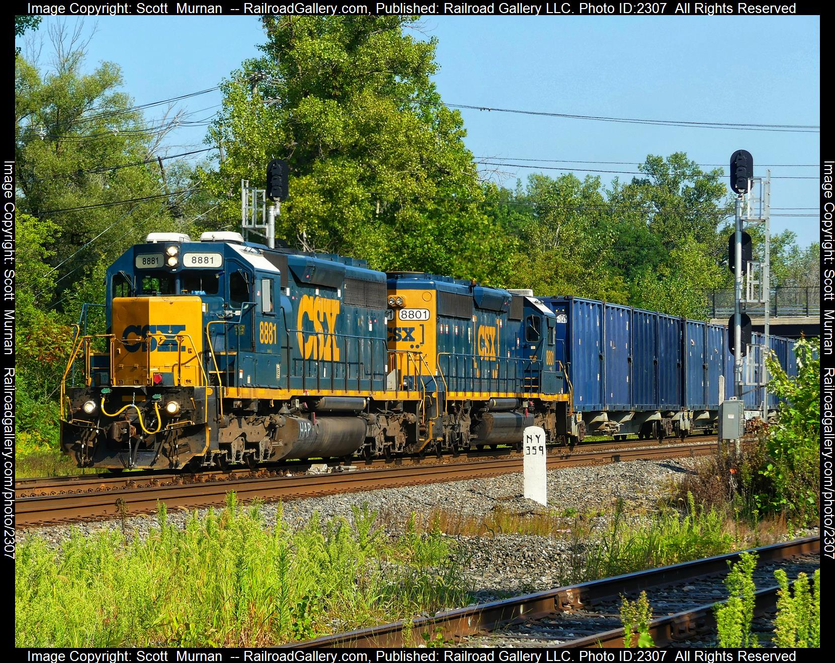 CSX 8881 is a class EMD SD40-2 and  is pictured in Perinton , New York, United States.  This was taken along the Rochester Subdivision  on the CSX Transportation. Photo Copyright: Scott  Murnan  uploaded to Railroad Gallery on 09/04/2023. This photograph of CSX 8881 was taken on Monday, September 04, 2023. All Rights Reserved. 