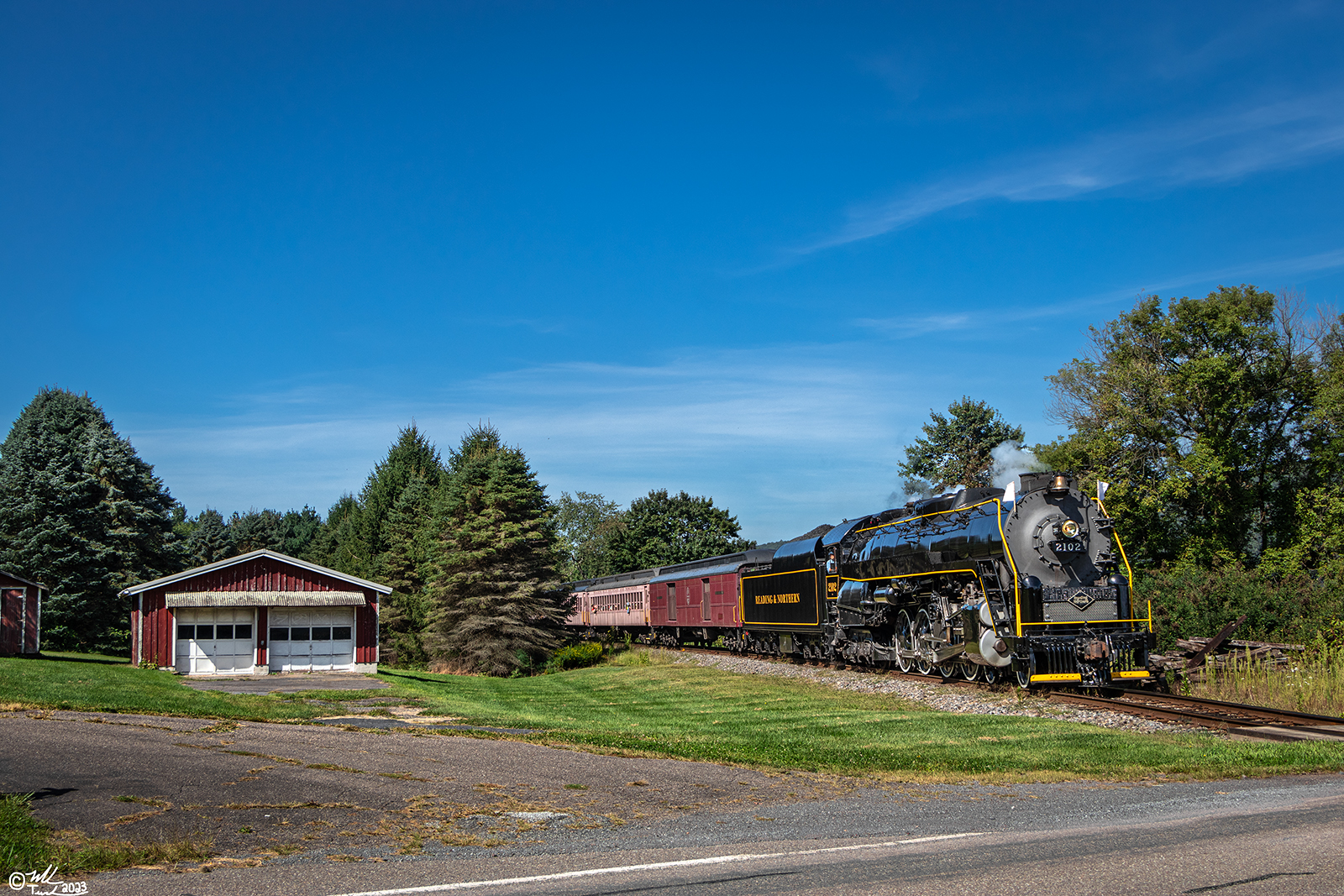 RDG 2102 is a class T-1 and  is pictured in Hometown, Pennsylvania, USA.  This was taken along the Marian Avenue on the Reading Company. Photo Copyright: Mark Turkovich uploaded to Railroad Gallery on 09/10/2023. This photograph of RDG 2102 was taken on Saturday, September 02, 2023. All Rights Reserved. 