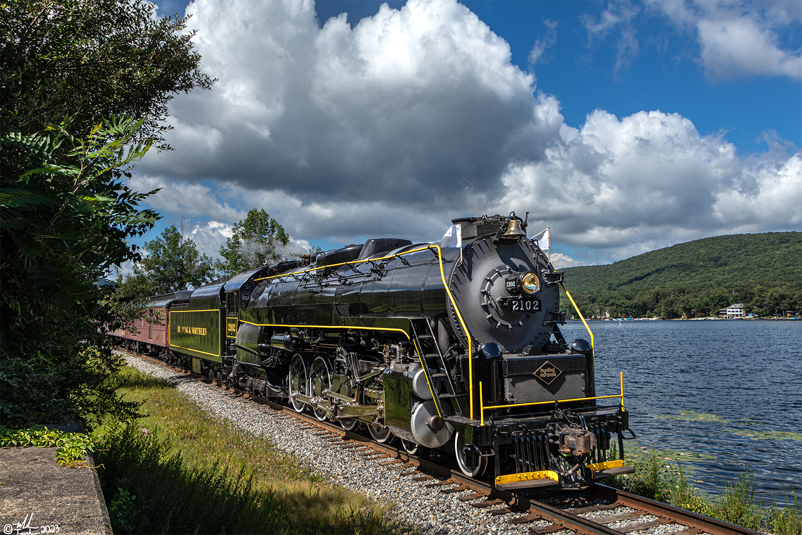 RDG 2102 is a class T-1 and  is pictured in Nesquehoning, Pennsylvania, USA.  This was taken along the Lake Hauto on the Reading Company. Photo Copyright: Mark Turkovich uploaded to Railroad Gallery on 09/10/2023. This photograph of RDG 2102 was taken on Sunday, August 13, 2023. All Rights Reserved. 