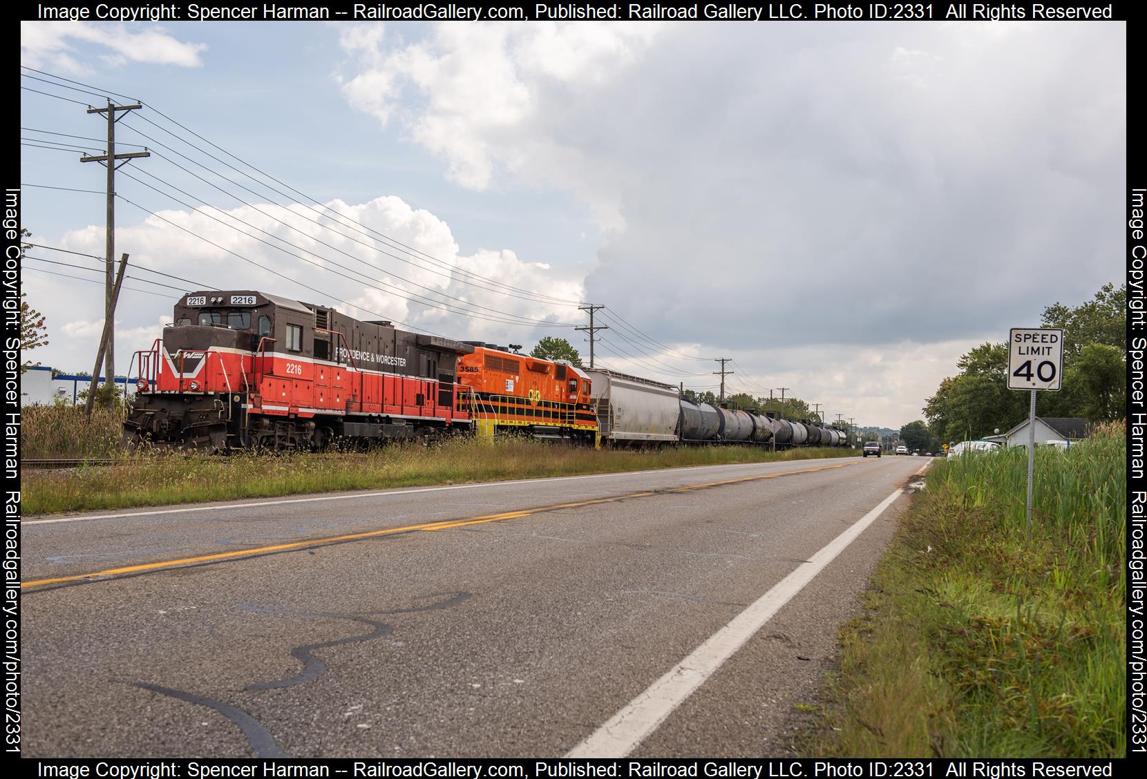 PW 2216 is a class GE B23-7 and  is pictured in Byesville, Ohio, USA.  This was taken along the Cambridge Subdivision on the Columbus and Ohio River Rail Road. Photo Copyright: Spencer Harman uploaded to Railroad Gallery on 09/19/2023. This photograph of PW 2216 was taken on Monday, September 18, 2023. All Rights Reserved. 